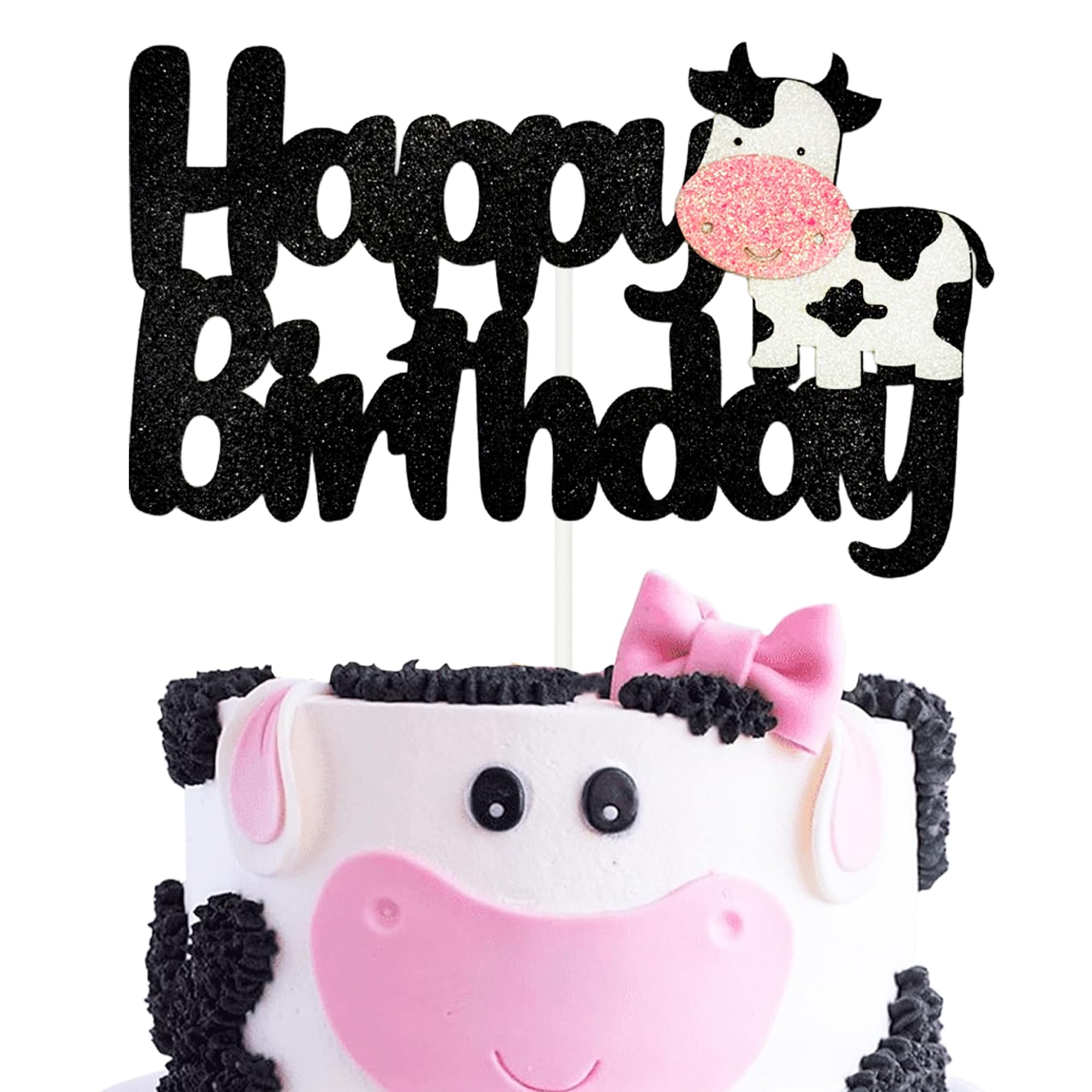 Cow Happy Birthday Cake Topper - Black Glitter Cow Birthday Decoration for Farm Animal Theme Party, Birthday Party Cake Decor Supplies