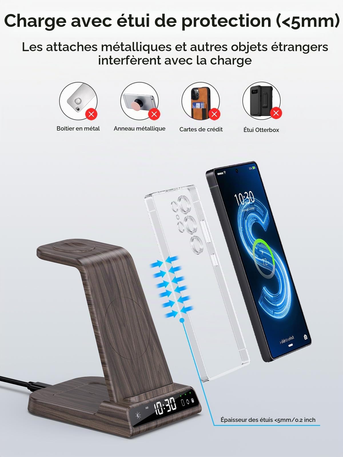 Chargeur Induction Fil pour Samsung Galaxy S25 Ultra/S24, Chargeur sans Fil avec Horloge numérique pour Samsung Galaxy Watch 8/7/6, Wireless Charger pour Galaxy S23, Z Fold 7, Buds (Grain de Bois)