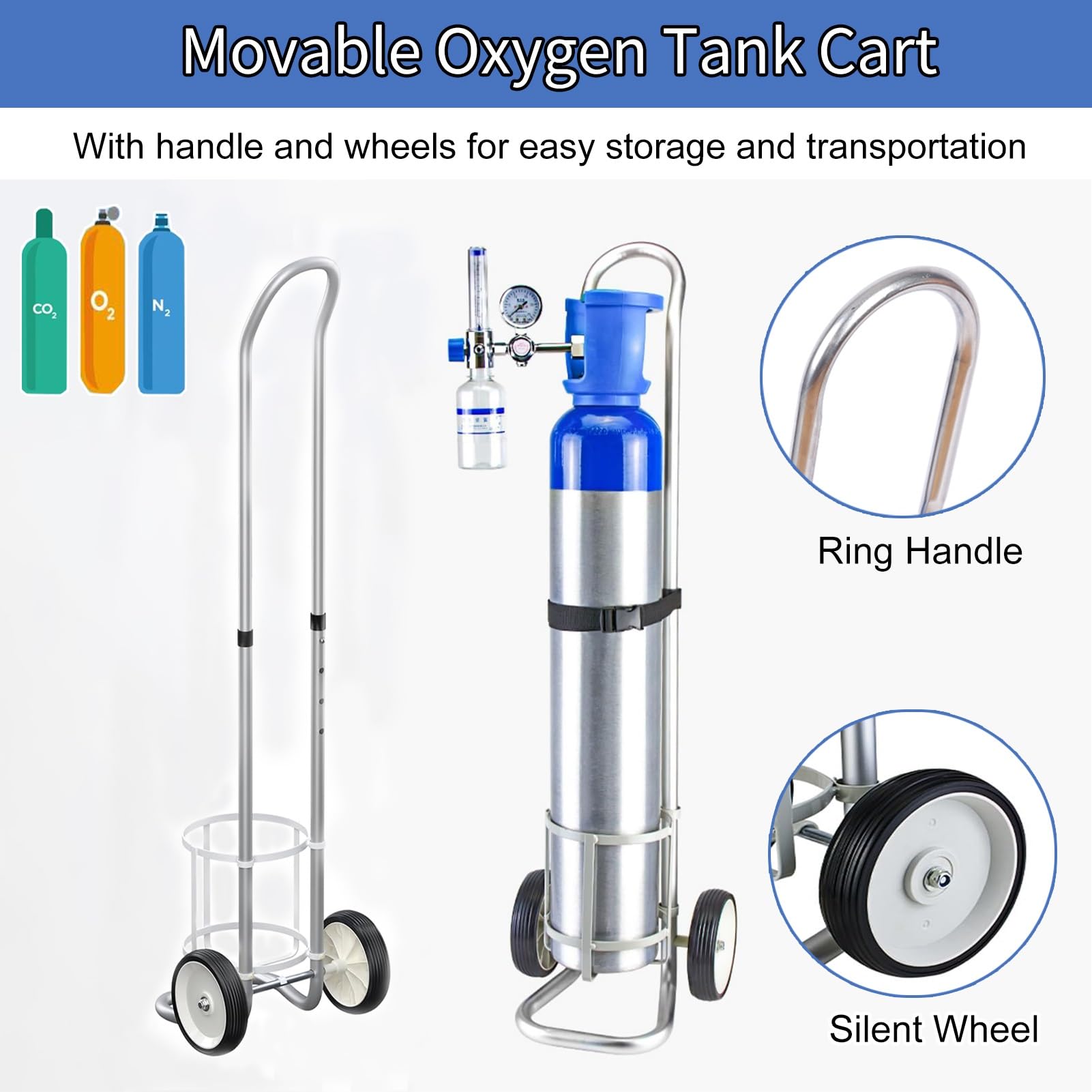 Soporte para tanque de oxígeno de aluminio móvil, carrito de tanque de oxígeno de altura ajustable para laboratorio de hospital, carrito de gas duradero (diámetro de 14,6 cm