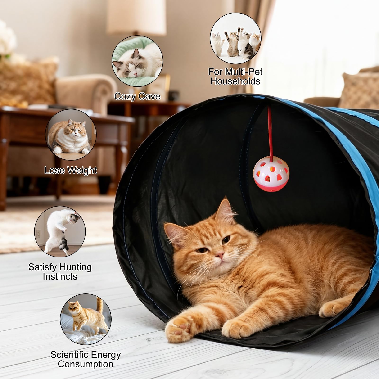 Bemodst Túnel para Gatos, 2 vías/3 vías/4 vías/5 vías, Plegable, Juguete para Gatos, Juguete Interactivo para casa de Laberinto para Conejos pequeños, Cachorros, Hurones, cobayas (5 vías)