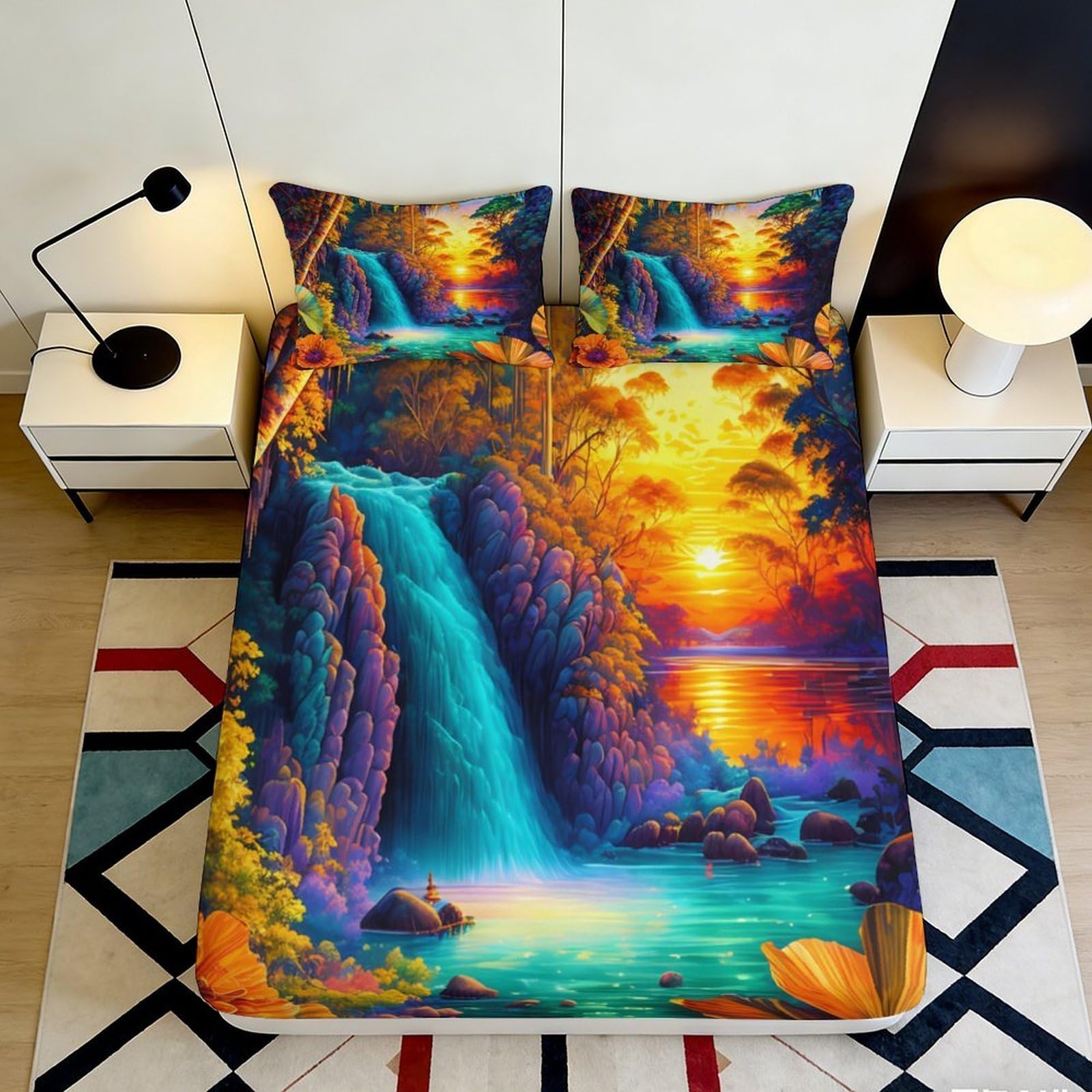 3D Printed Sunset Waterfall Fitted Sheet Microfiber Soft Scenic Sunrise Bed Cover for Bedroom Guest Room Decor 90x200x25cm