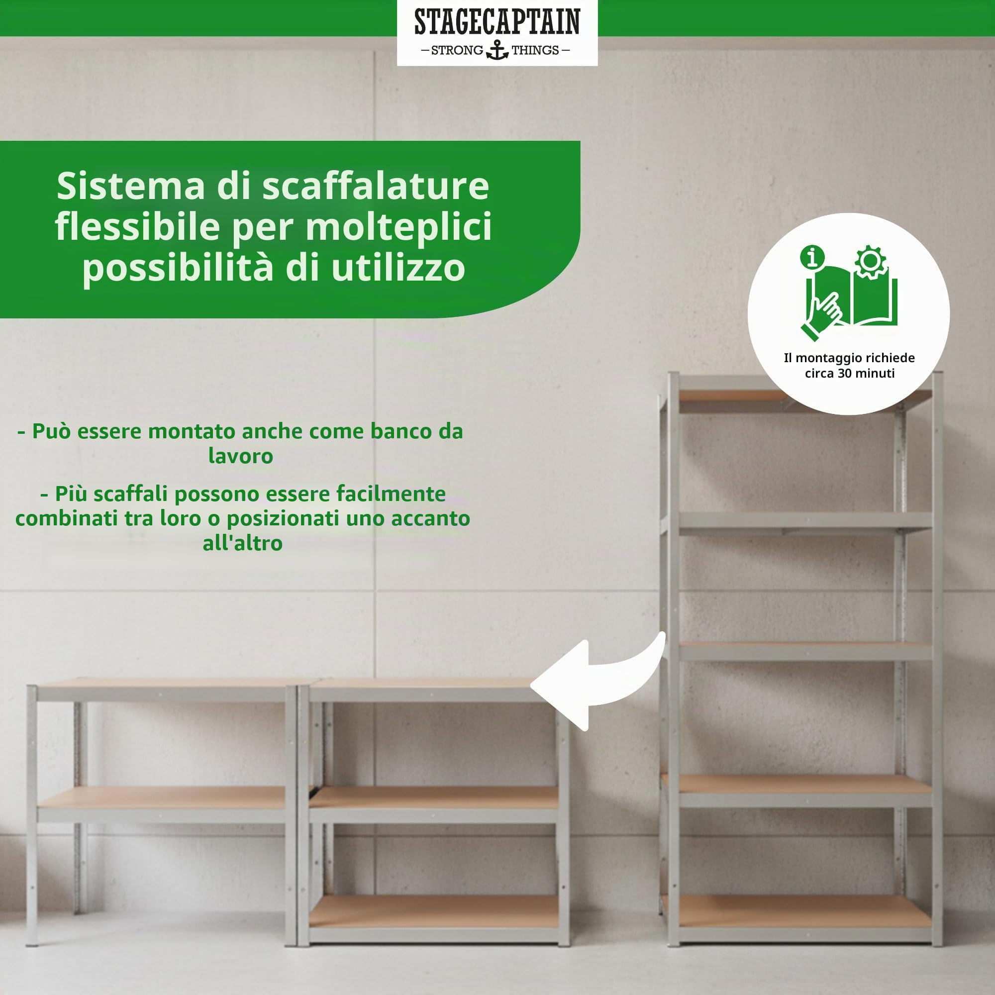 Stagecaptain Heavyrack HR-175 SR Sistema di 4 Scaffali in Metallo - Scaffalatura per magazzino - Scaffale per carichi pesanti - 875kg di capacità di Carico - 5 ripiani in legno regolabili - Argento