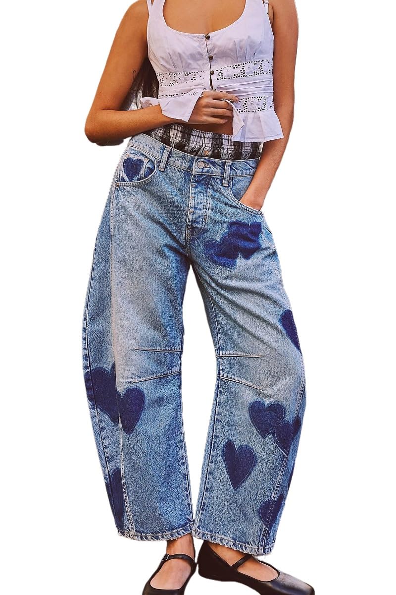 GenericWomen's Wide Leg Baggy Jeans Low Waist Heart Barrel Jean Loose Boyfriend Denim Pants