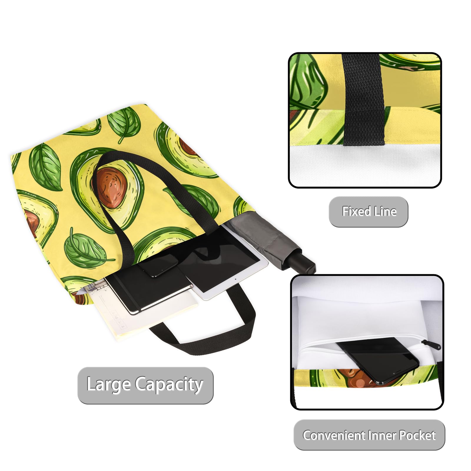 Mularoka Avocados Leaves Large Capacity Canvas Tote Bag Stylish Handheld Shoulder Bag Reusable Shopping Bag for Work Travel Beach Trips Shopping