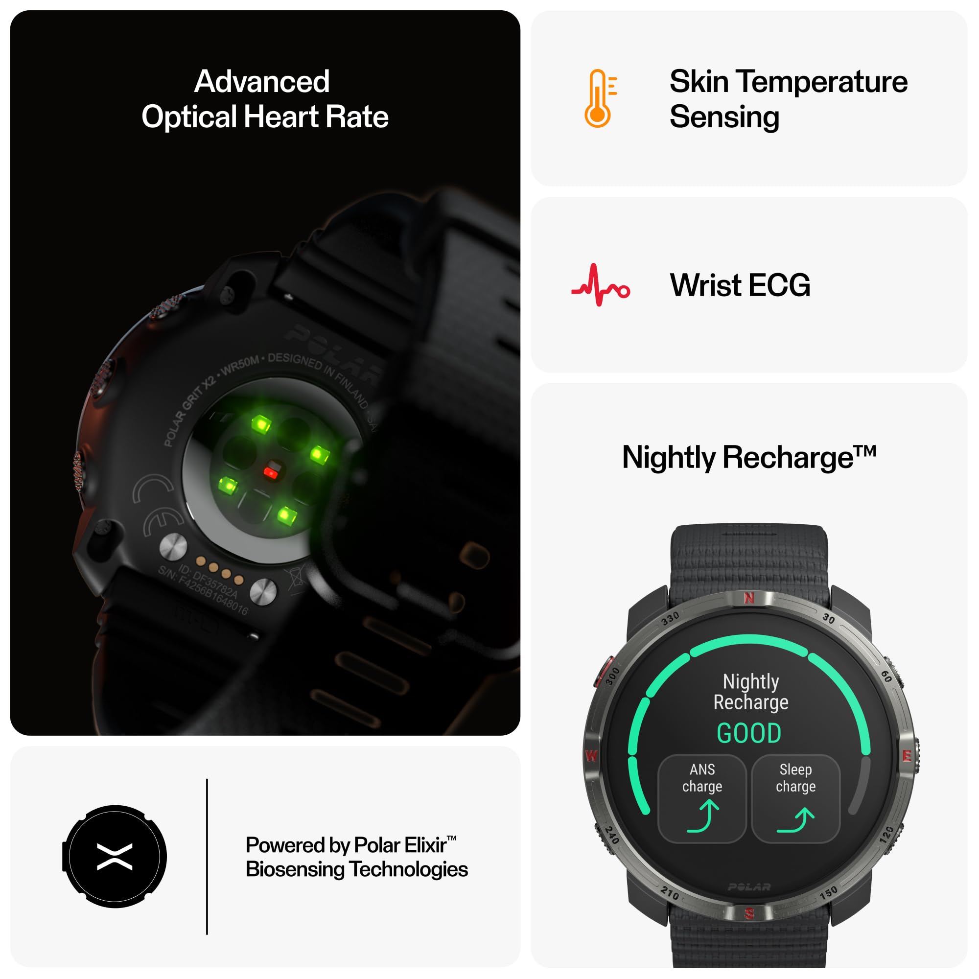 Polar Grit X2 Montre GPS Outdoor AMOLED | Cartes hors ligne, ECG au poignet, Technologie Elixir, Jusqu'à 7 jours d'autonomie