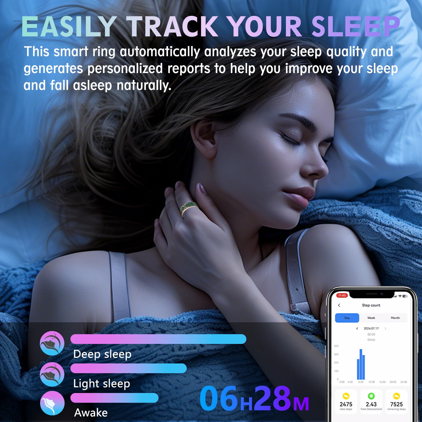 Anillo inteligente de salud para mujeres y hombres, rastreador de fitness con frecuencia cardíaca, monitoreo del sueño, oxígeno en sangre, presión arterial, podómetro de ejercicio, para iPhone