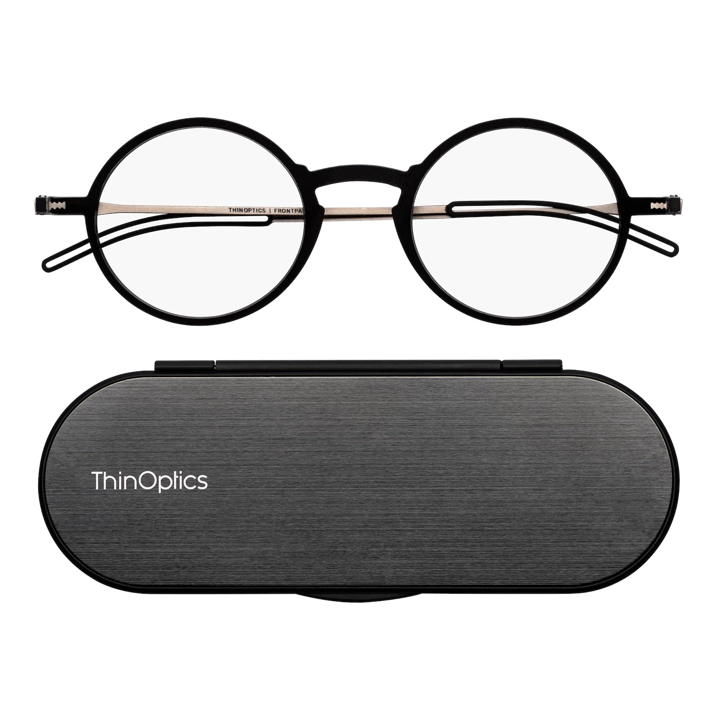 ThinOptics Reading Glasses 1.0 1.5 2.0 2.5 with Slim 4mm Magnetic Case - Ultra Light Spectacles with Round Frame - Stylish Readers for Men & Women – Thin Design with Brushed Aluminium Case
