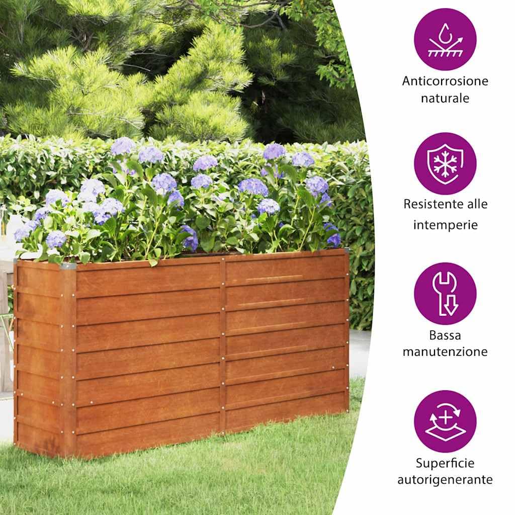 vidaXL Letto Rialzato da Giardino Ruggine 160x40x77 cm Acciaio Corten