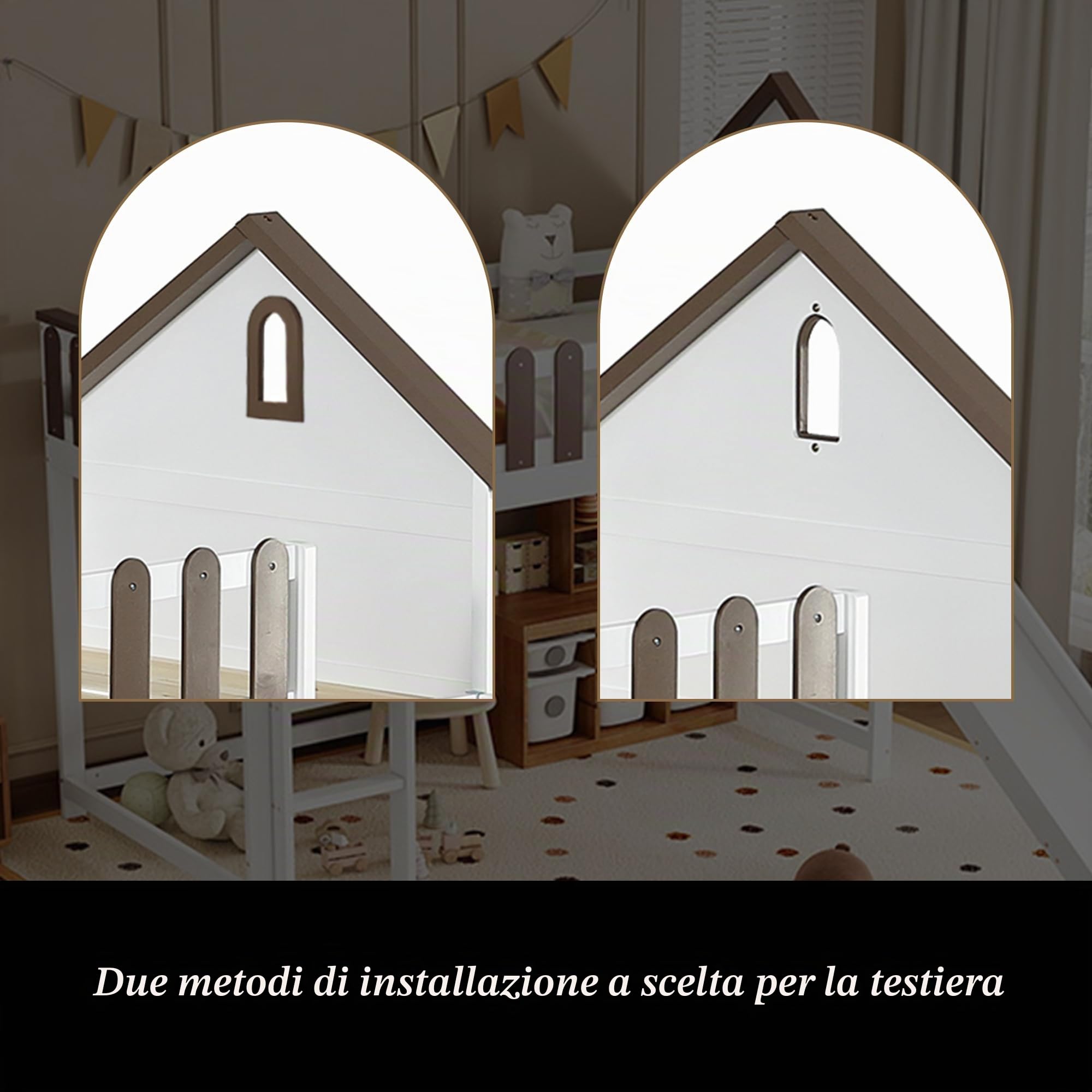 Letto a soppalco 90 x 200 cm, con tetto e finestra, con scala dritta a tre livelli, lettino con scivolo, pino+MDF, bianco+noce, senza materasso