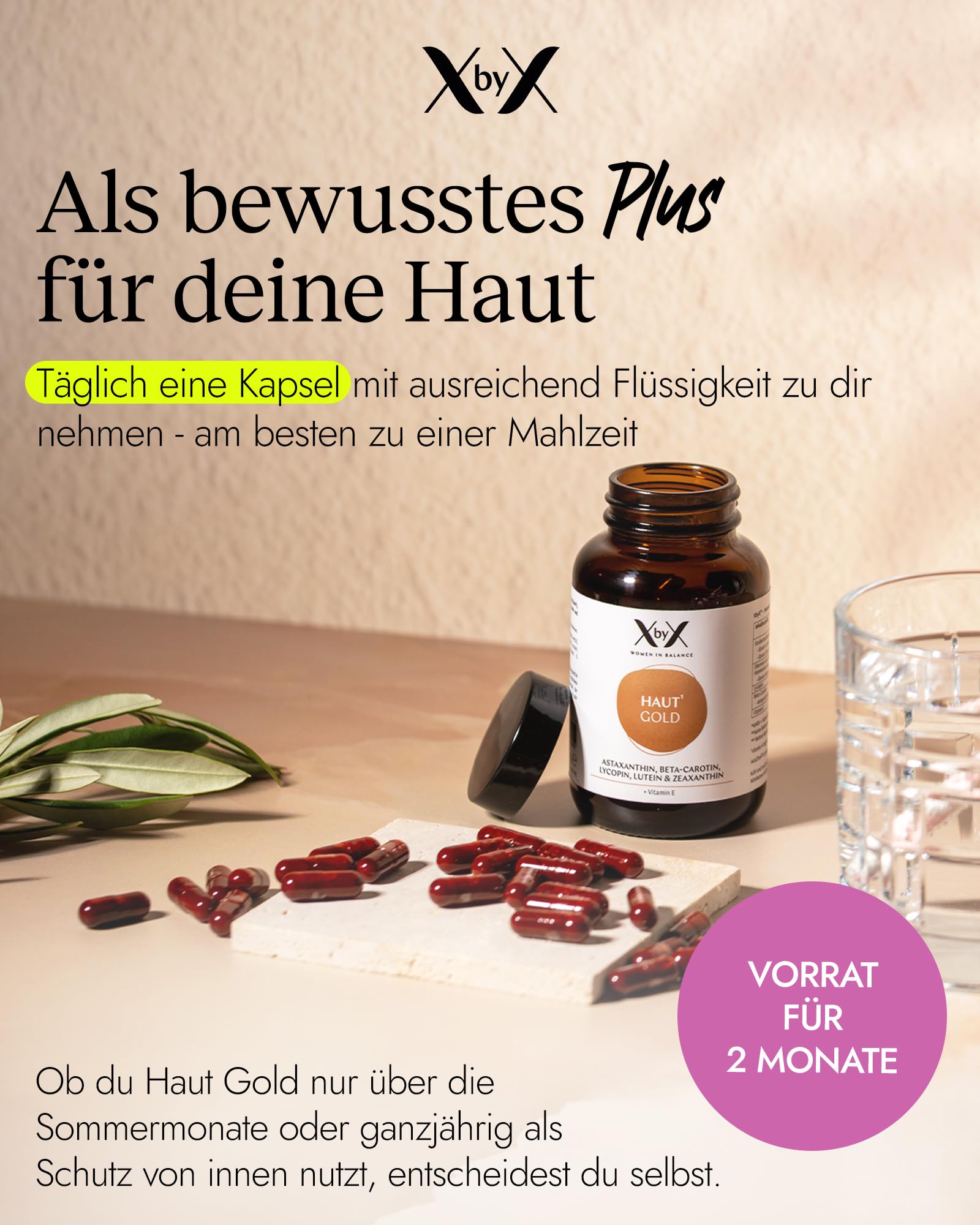 XbyX Haut Gold 60 Kapseln - Carotinoid-Komplex mit Astaxanthin & Vitamin E – Unterstützt die Haut von Innen - Ohne Zusätze - 100 % Pflanzlich - Vegan