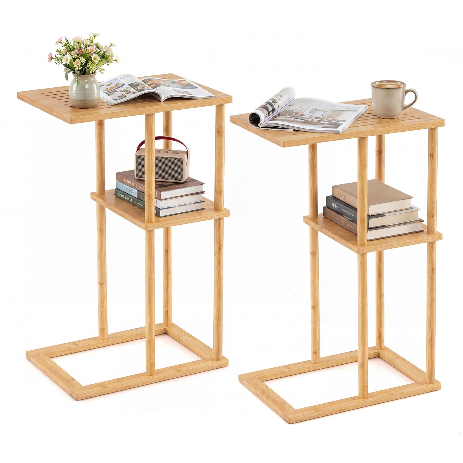 COSTWAY Juego de 2 Mesa Auxiliar de Bambú para Sofá, Mesita Forma de C con Estantes de Almacenamiento, 40 x 28 x 65 cm, Mesa de Café, Mesita de Noche Estrecha para Cama, Sala y Dormitorio, Natural