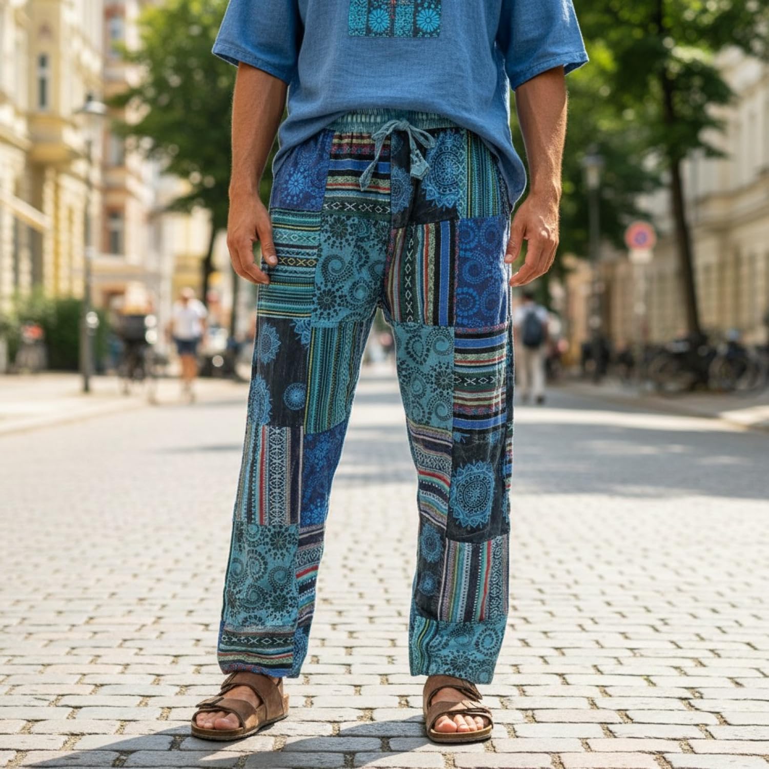 GURU SHOP Pantalon de yoga patchwork Goa Pantalon Loose Fit Pantalon Homme Coton Pantalon Alternative Vêtements