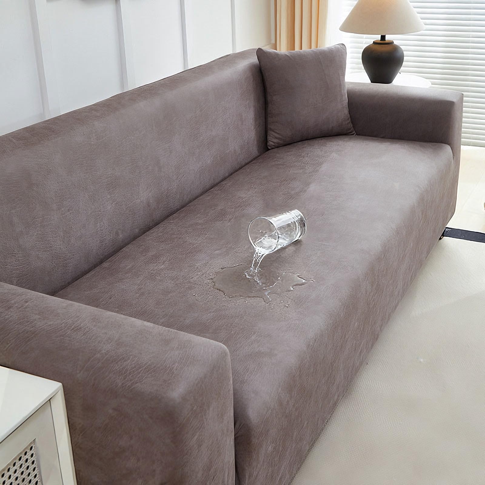 Housse de canapé en simili cuir extensible 4-5 places marron