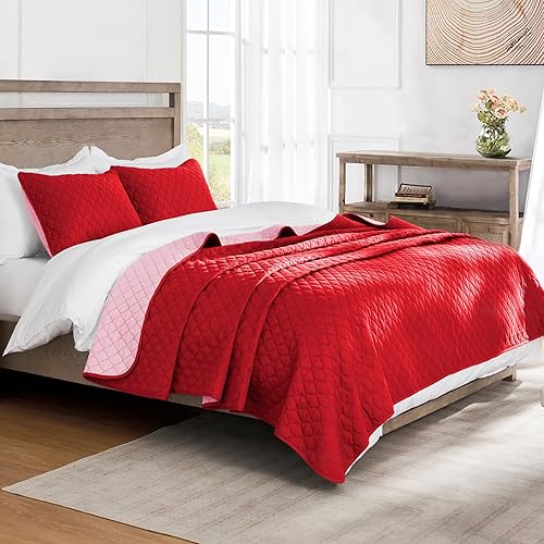 Miniatura 2 de Exclusivo Mezcla Juego de edredón reversible ultrasónico de 3 piezas tamaño King con fundas de almohada, colcha ligera, funda de cama (rojo, 92 x