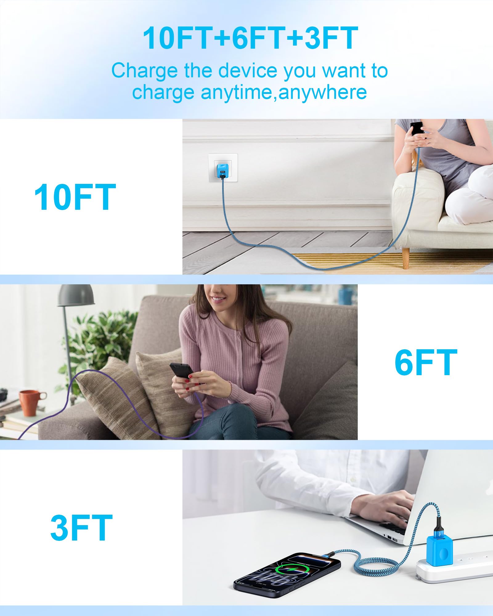 Lightning Charger-10Ft, 5Pack USB A to Lightning Cable for iPhone 14 Pro Max 14Pro 14 13 13Pro 12 Max 12Pro 11 Mini 11Pro SE X XR XS 8 Plus 7 6 6s Apple Certified Phone Charging Power Cord Wire: 10FT USB to USB C Blue, Purple