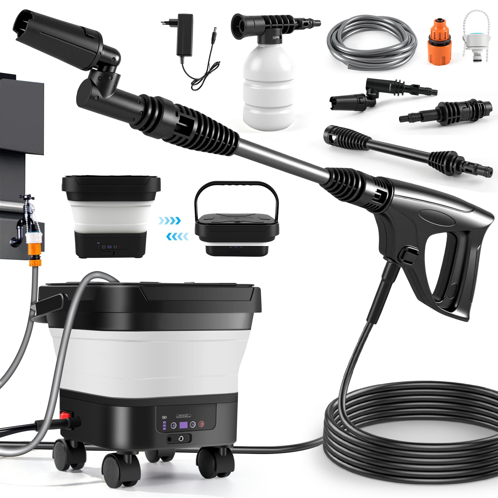 Limpiador a Presión Inalámbrico con Ruedas, Depósito 13L, 4000 mAh | 380W, 36 bar, Limpiador Portátil, 7 Velocidades, 2 Boquillas, Manguera 7 m, 5 m, Jarra de Espuma