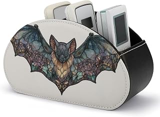 Stained Glass Black Flower Bat Remote Control Holder with 5 Compartments Leather TV Remote Caddy Remote Storage Box Desktop Organizer for Pen/TV Remotes/Media Controllers/Office Supplies