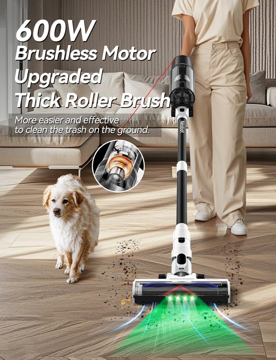 Cordless Vacuum Cleaner, 600W 50KPA 70Mins Cordless Stick Vacuum Cleaner with Self-Standing , Stick Vacuum with Intelligent Auto Mode, Anti-tangle Wireless Vacumm for Home/Pet Hair/Carpets/Floors