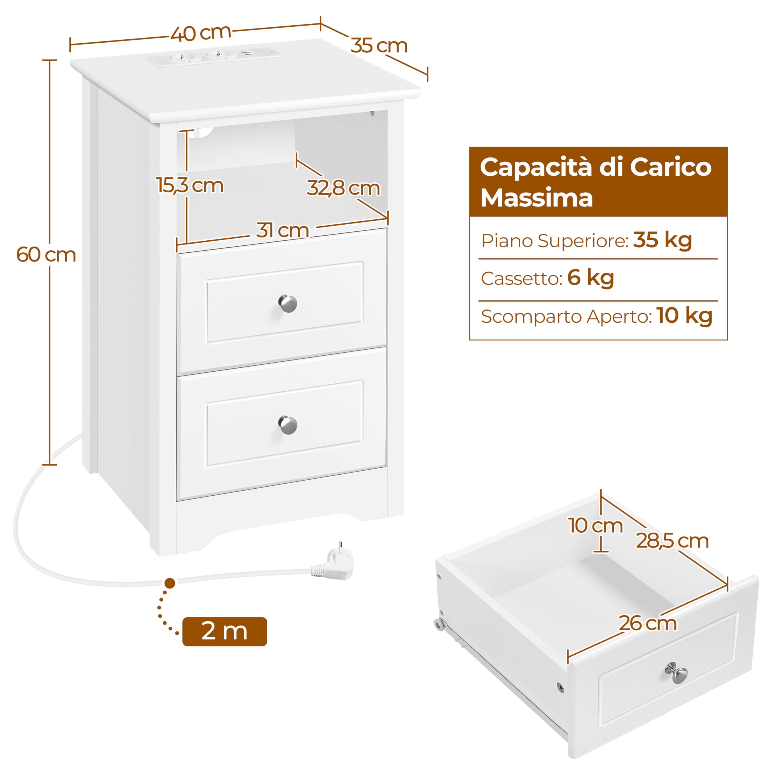 Yaheetech Comodino Camera da Letto con Stazione di Ricarica 2 Porte USB e 2 Prese AC Comodino Smart con 2 Cassetti e Scomparto Tavolino Laterale da Divano per Soggiorno (2)