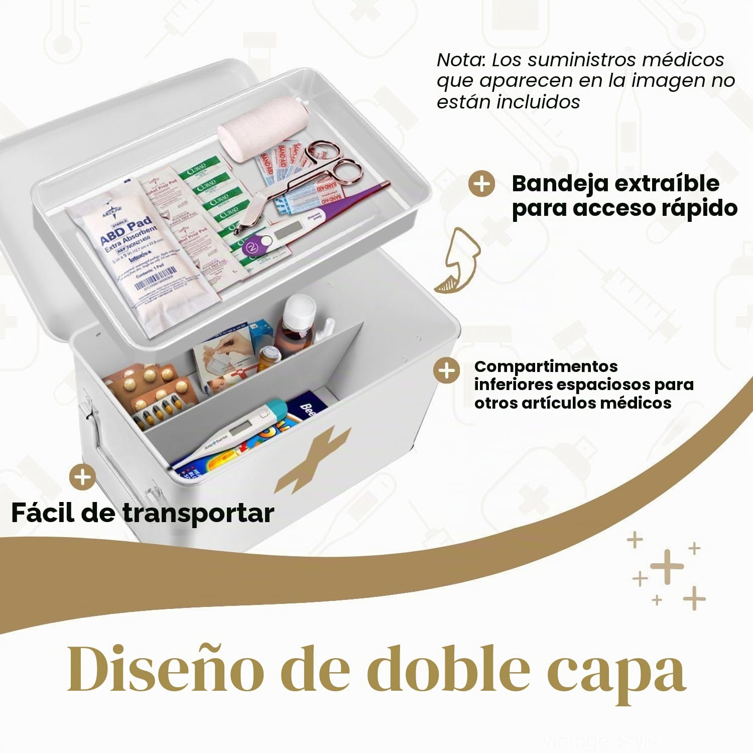 Flexzion Caja organizadora de primeros auxilios para medicamentos, kit de suministros – Caja de almacenamiento vacía de metal blanco de 13 pulgadas con bandeja extraíble con cruz dorada, cajas