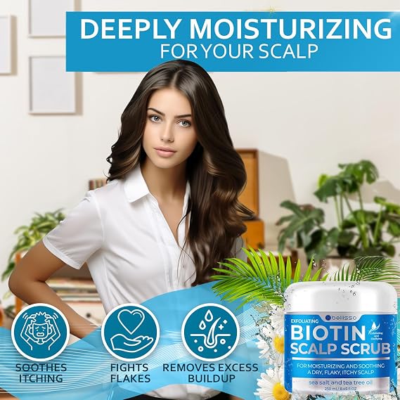 BELLISSO Biotin Scalp Scrub, Shampoo, Conditioner & Hair Serum Set for Men & Women - Thickening, Repairing, Volumizing - Unscented - 42.45 Fl Oz