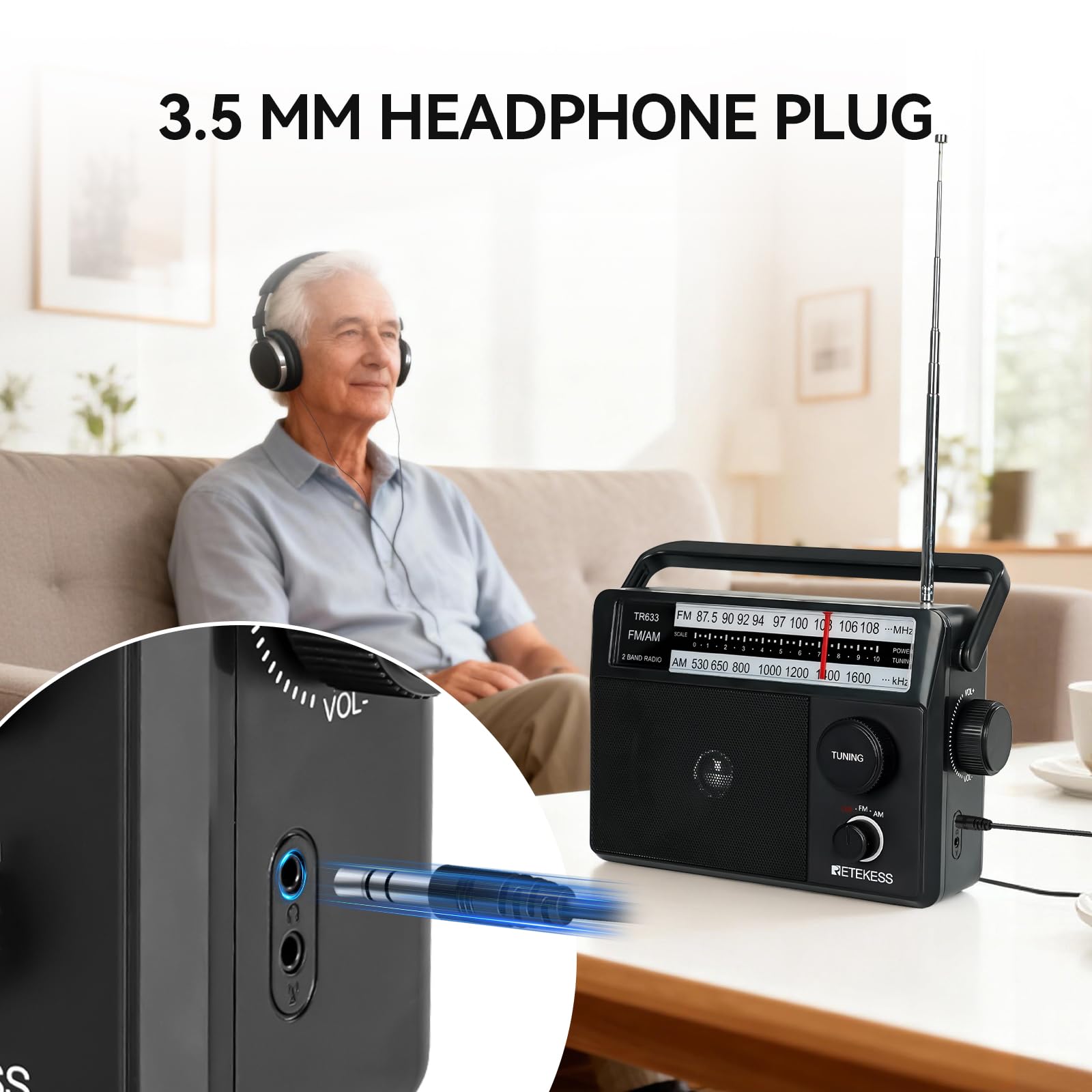 Retekess TR633 Radio Portable, Poste Radio, AM FM, Excellente Réception, Gros Boutons, Secteur ou Piles, Prise Casque 3,5 mm, Adapté aux Personnes âgées, Cuisine, Chambre