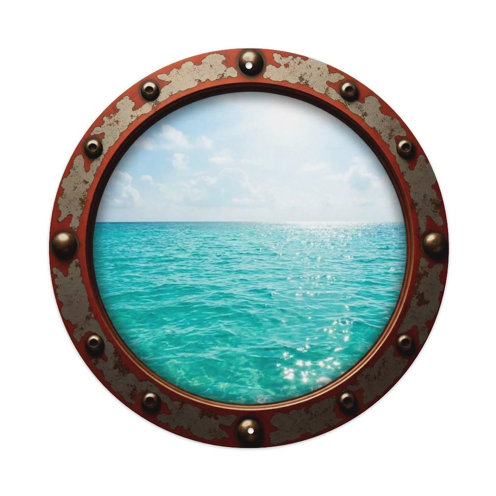 Vintage Porthole Teal Tropical Waters View Vintage Metal Tin Sign Plaque Wall Decor for Cafe, Club Bar, Office, Garden Metal Poster 8x8Inch