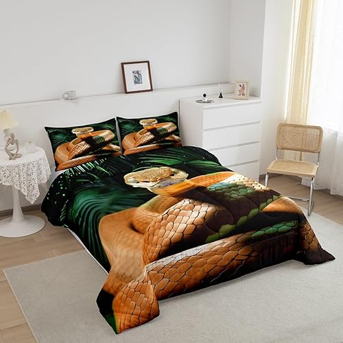 Miniatura 2 de Juego de edredón de serpiente, tamaño Queen, juego de edredón de serpiente amarilla, juego de ropa de cama de reptiles 3D, escamas amarillas de