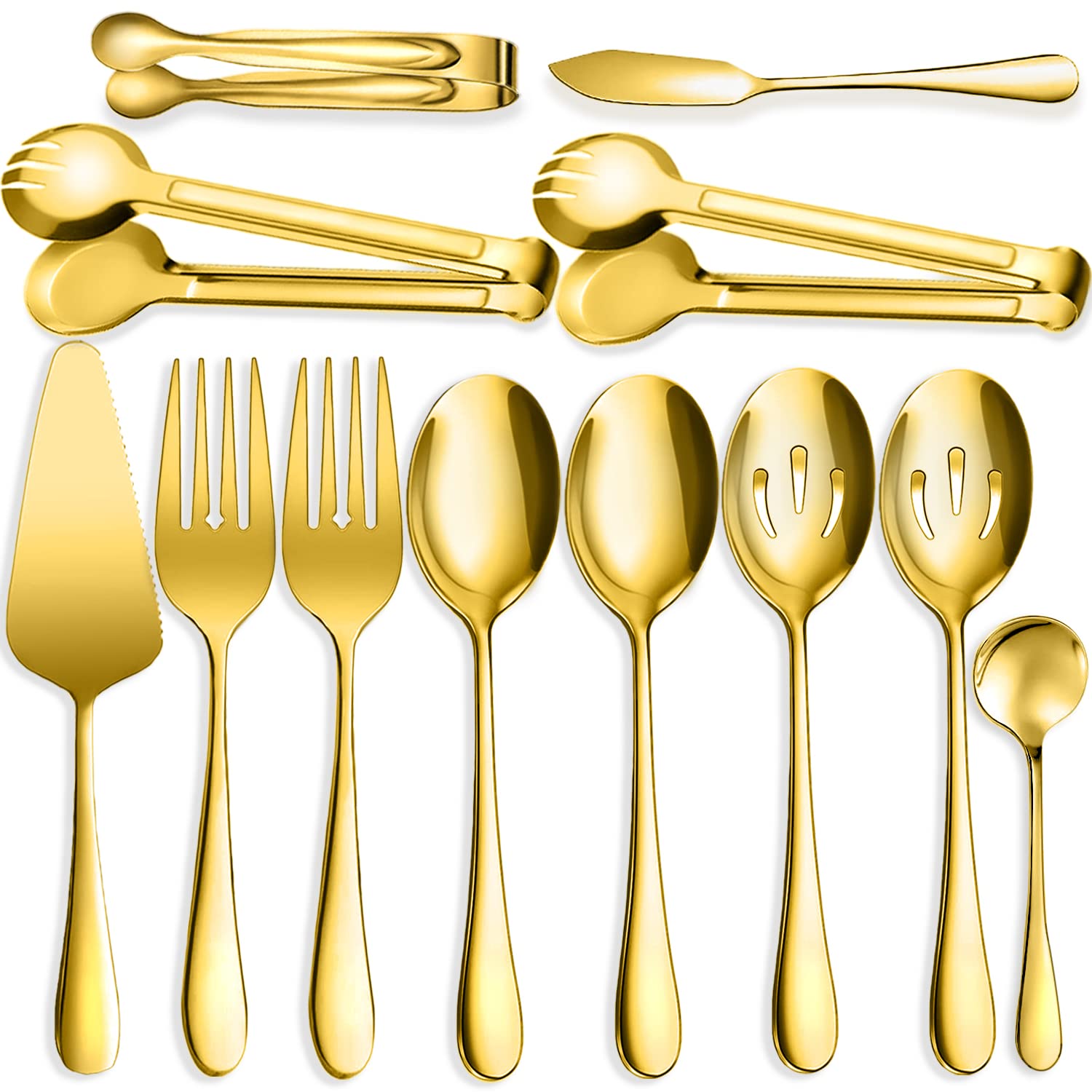 12 utensili da portata in acciaio inox, grandi cucchiai scanalati, forchette pinze, pinze per zucchero, torta, coltello da burro, cucchiaini da caffè, ideali per buffet, catering, banchetti,