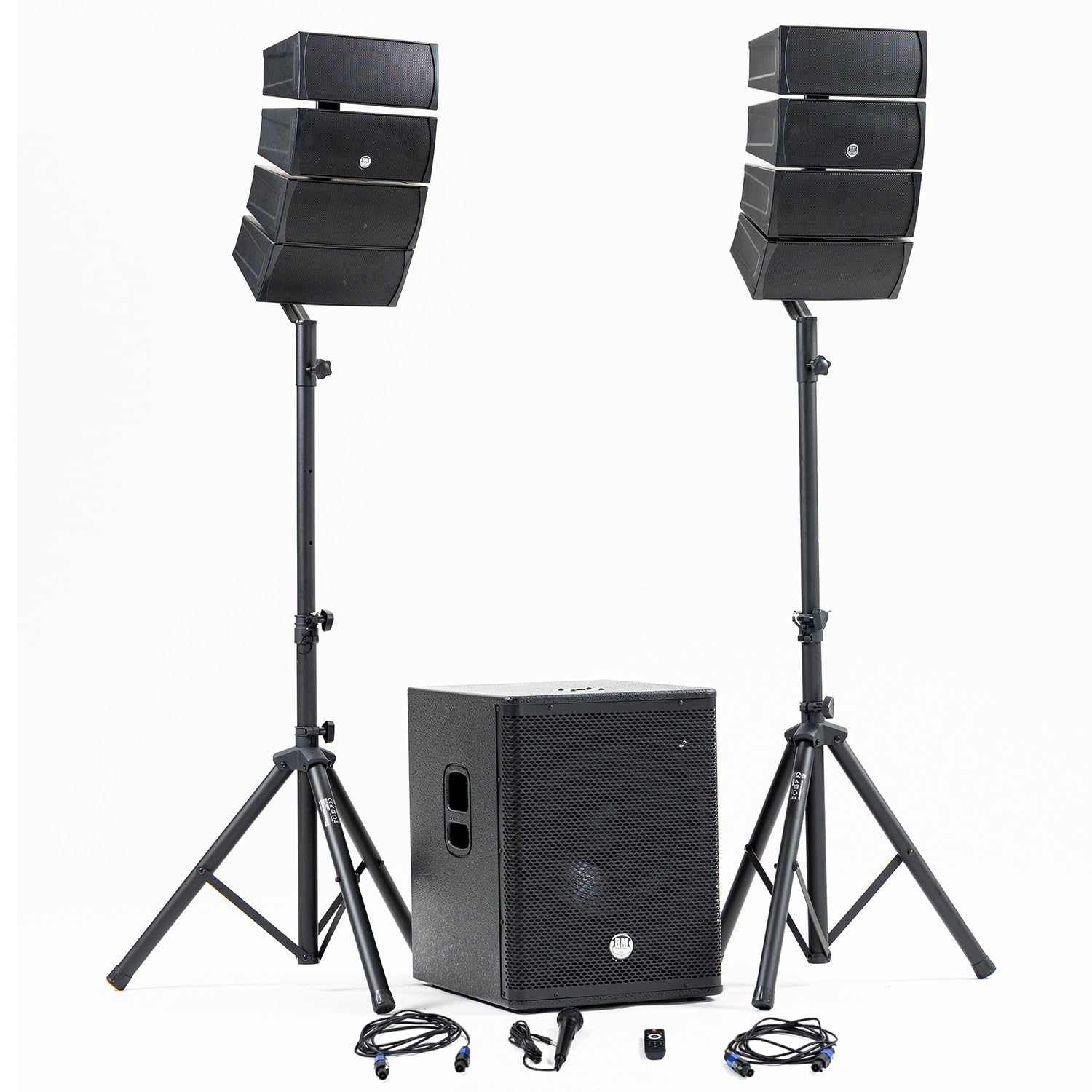 Pack Sonorisation DJ Complet BM Bmsonic BMS-15-ARRAY-BT, 1200W, Enceintes Satellites, Caisson 38cm USB/Bluetooth, Supports Câbles
