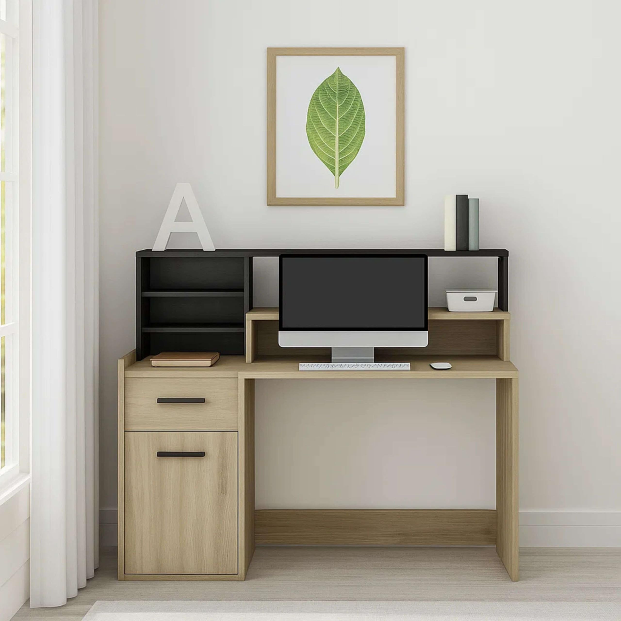 Demeyere - Escritorio pequeño con Almacenamiento de Madera de Roble con 1 Puerta y 1 cajón - Óptimo para Estudiantes - Estilo Industrial - Color Kronberg y Negro Pizarra - Melamina - 127 x 94 x 60 cm