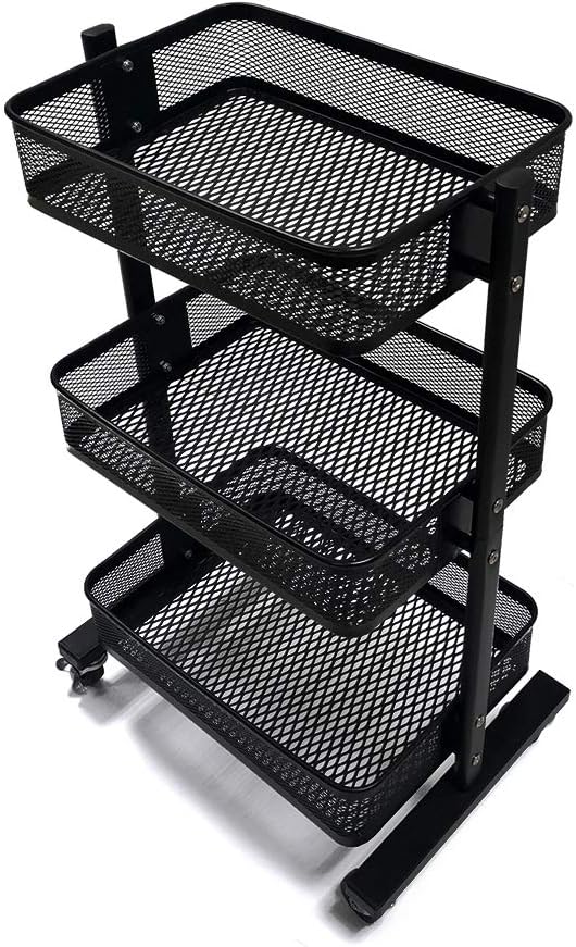 Duwee 3-Tier Metal Rolling Cart with Wheels Multifunction Utility Cart Bathroom Cart Kitchen Storage Cart with Handle Sturdy Rolling Cart with Safety Lock(Black)