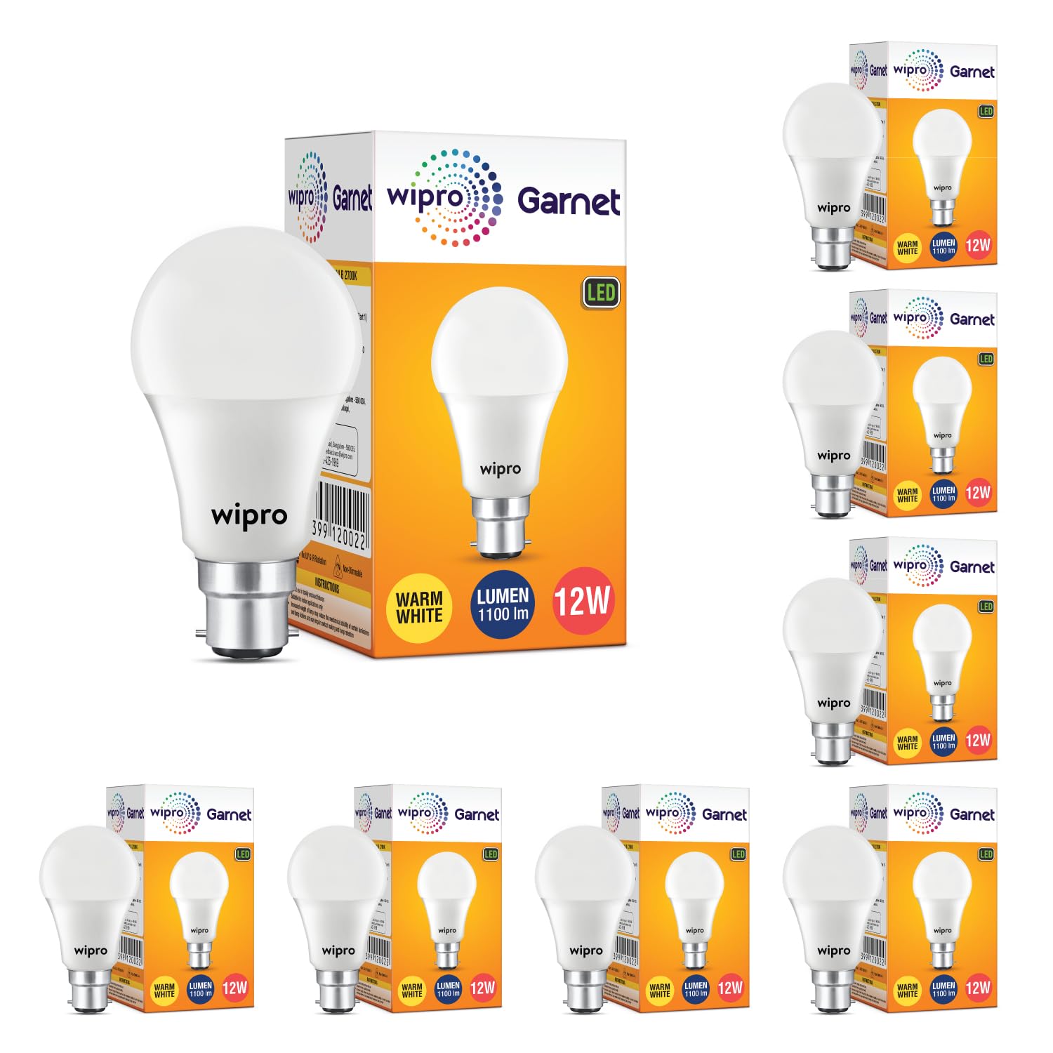 wipro Garnet Base B22 12-Watt LED Bulb (Pack of 8, Warm White)