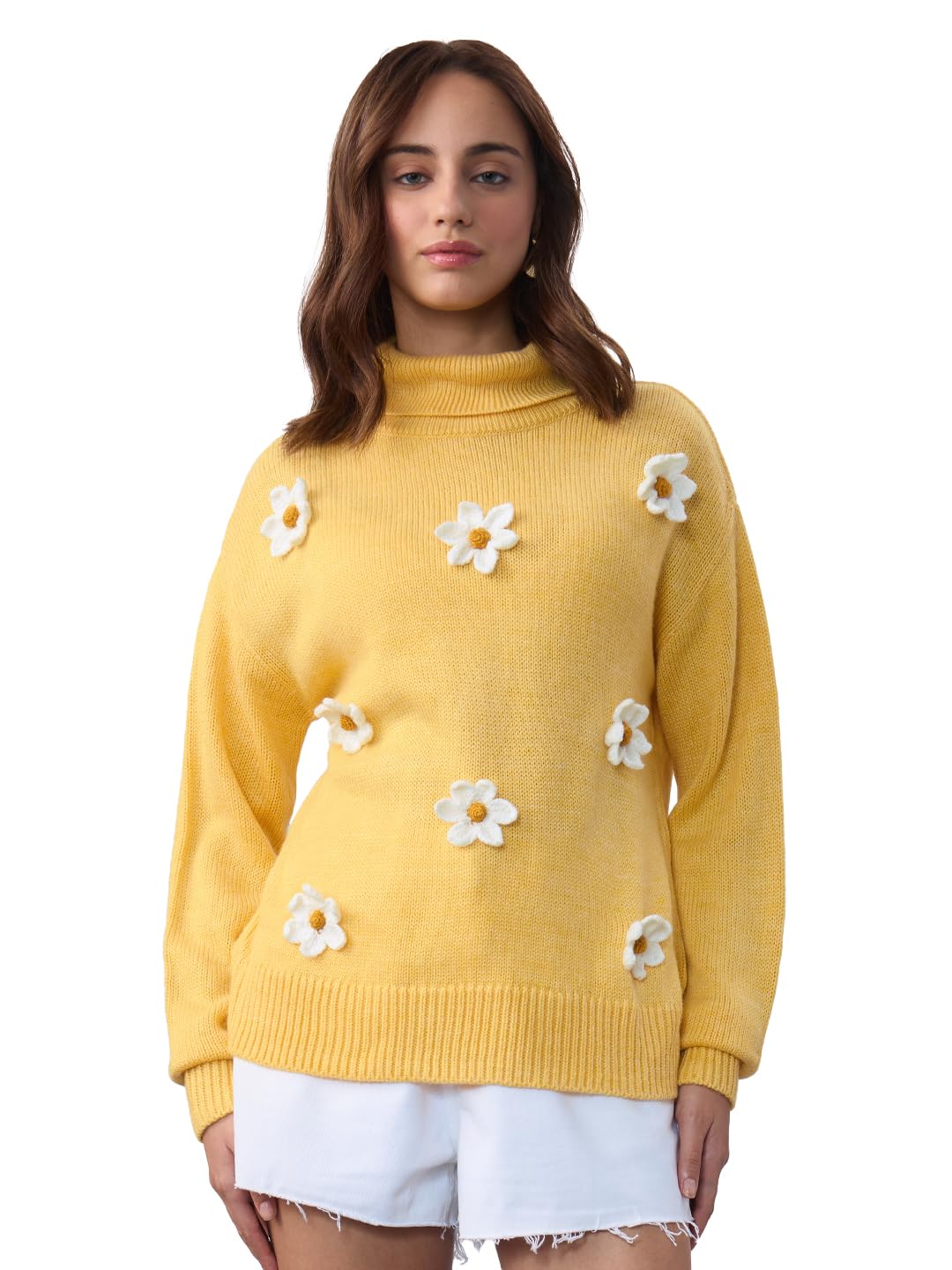 the souled store Turtleneck Sweater: Yellow Daisy Women and Girls Full Sleeves Turtleneck Floral Appliqué Knitted Acrylic Lightweight Casual Summer Oversized Sweater-picture-33