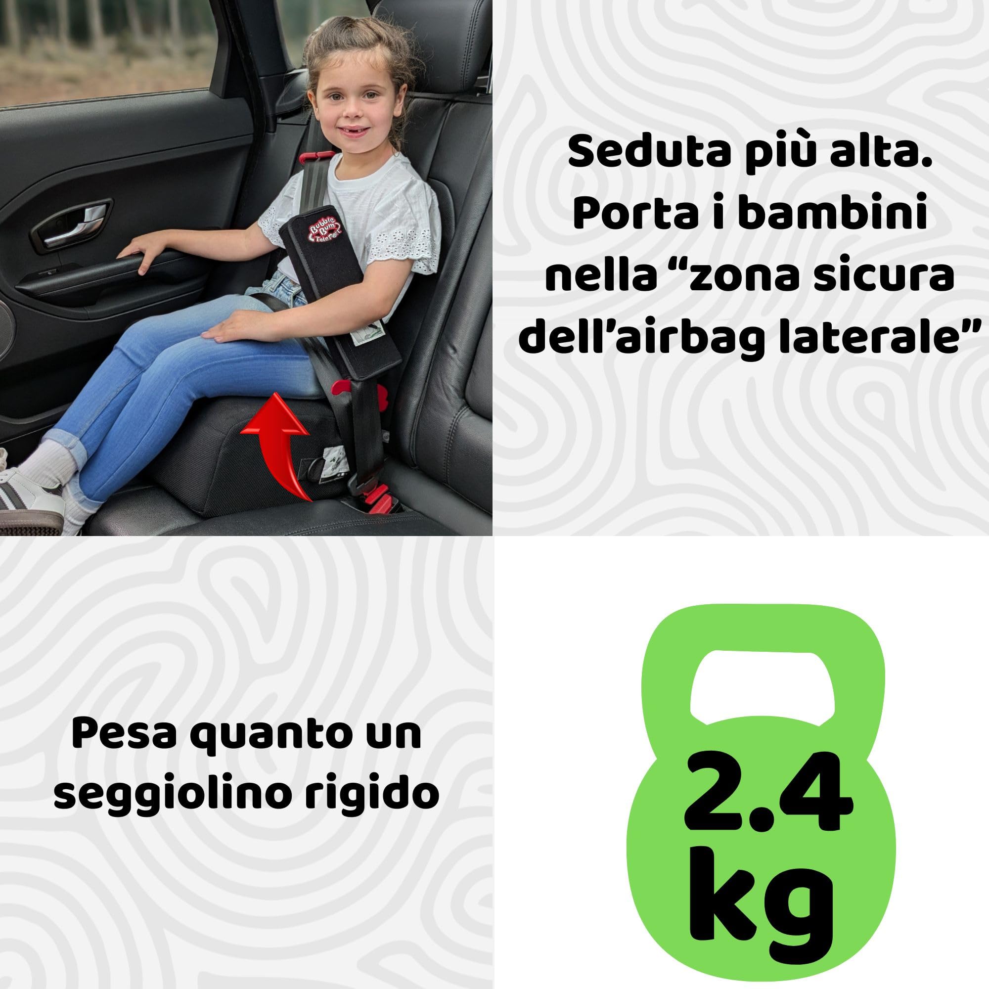 BubbleBum Teleport, rialzo per auto con schienale scoperto, telescopico portatile, ideale per l'uso quotidiano e pieghevole per viaggi, certificato R129, altezza da 125 cm a 150 cm, nero