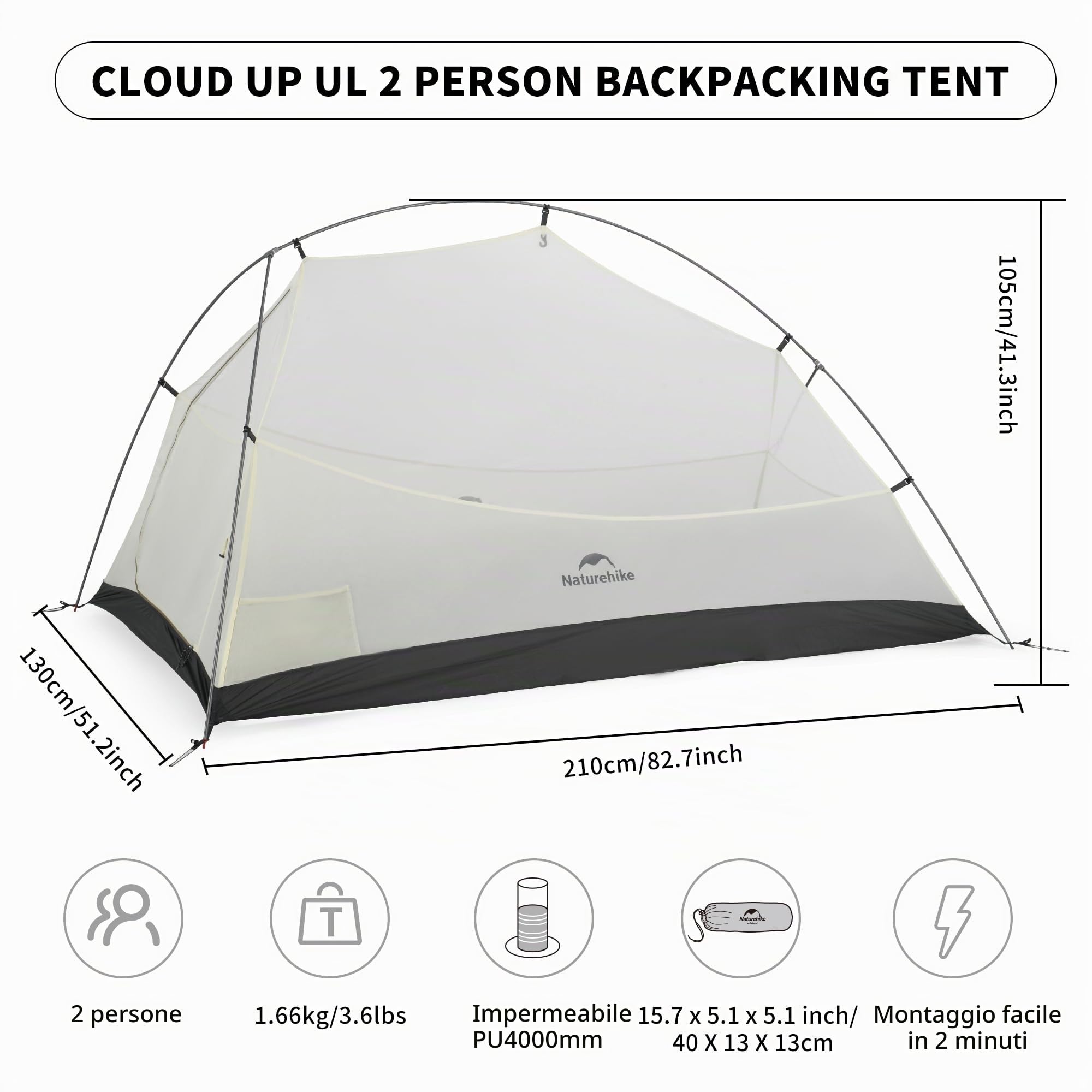 Naturehike Cloud Up UL Tenda da Campeggio 1/2 Persone Tenda da Zaino Compatta Ultraleggera a Doppio Strato Impermeabile e Antivento per Escursioni All'aperto Festival