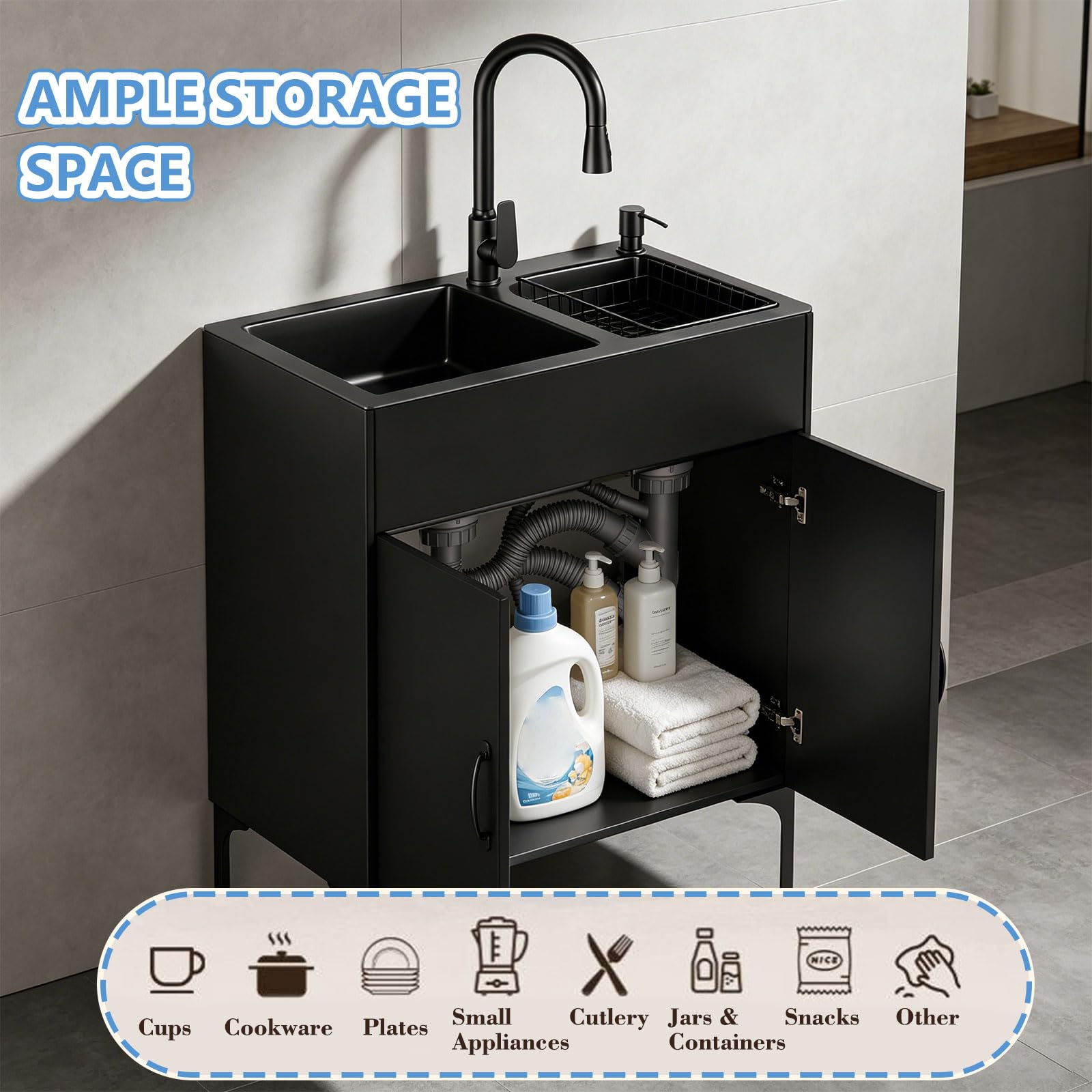 Spülenschrank mit Spüle und Armatur Edelstahl Gewerbliche Spültisch Doppelbecken Küchenspüle mit Entwässerungskorb und Abflusseinheit für Outdoor Küche und Camping Waschbecken (Schwarz, 81*43*85cm)