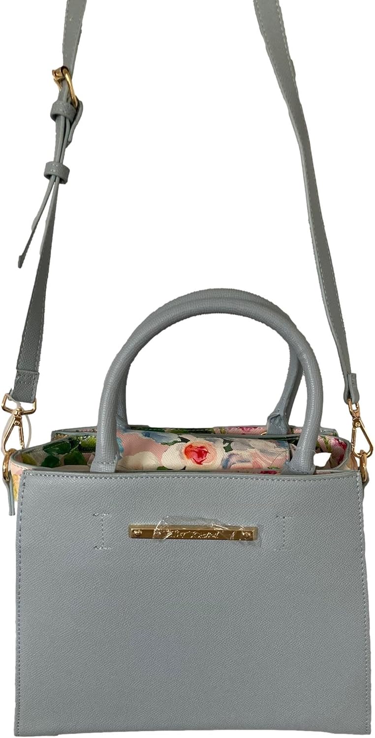 Betsey Johnson Chloe Blue Faux Leather With Contrast Printed Sides Detail Triple Entry Convertiable Satchel Crossbody Bag