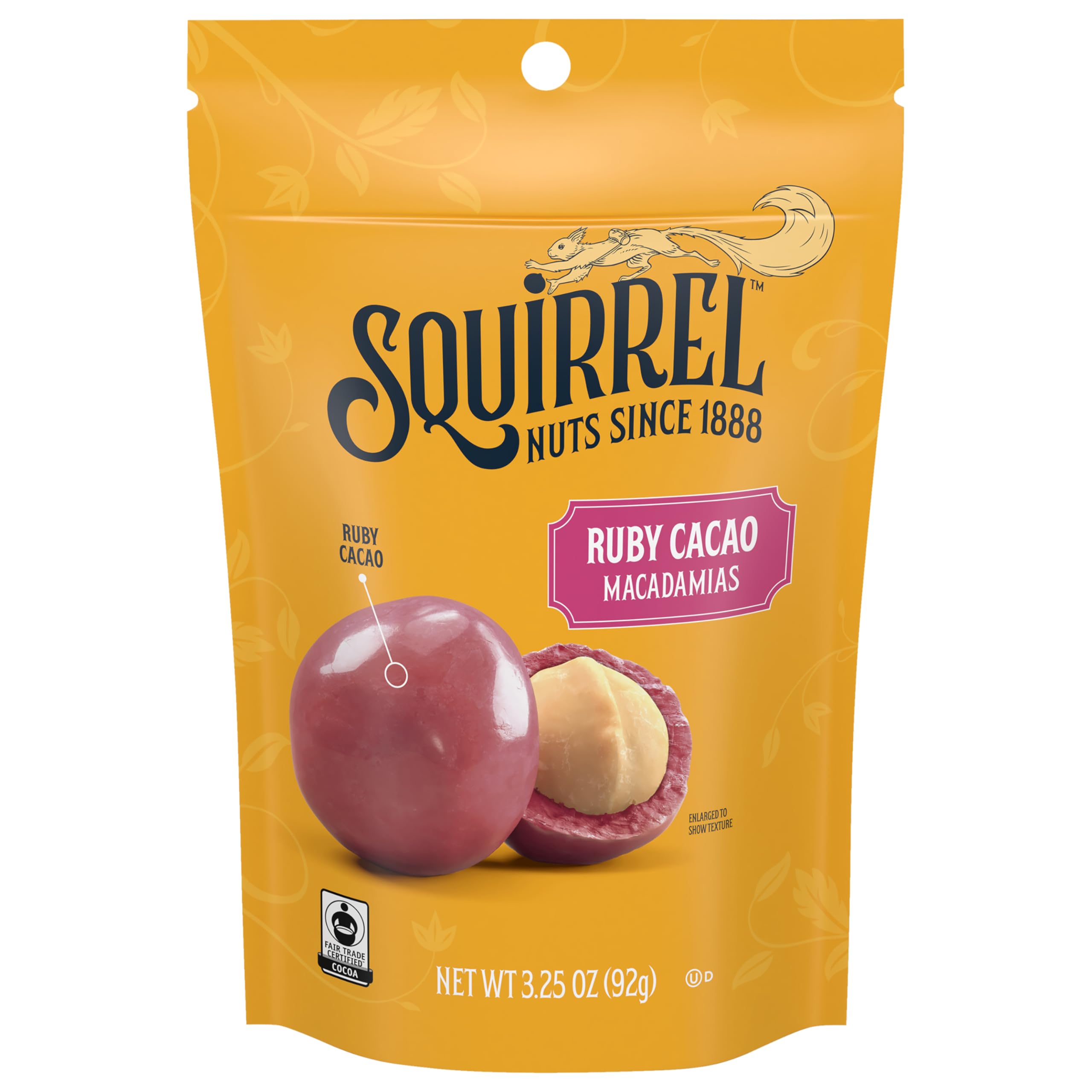 Squirrel Brand Ruby Cacao Macadamias, 3.25 Ounces, Resealable Bag, Gluten Free, Kosher, Snacks for Adults and Kids, Fair Trade Certified Cocoa