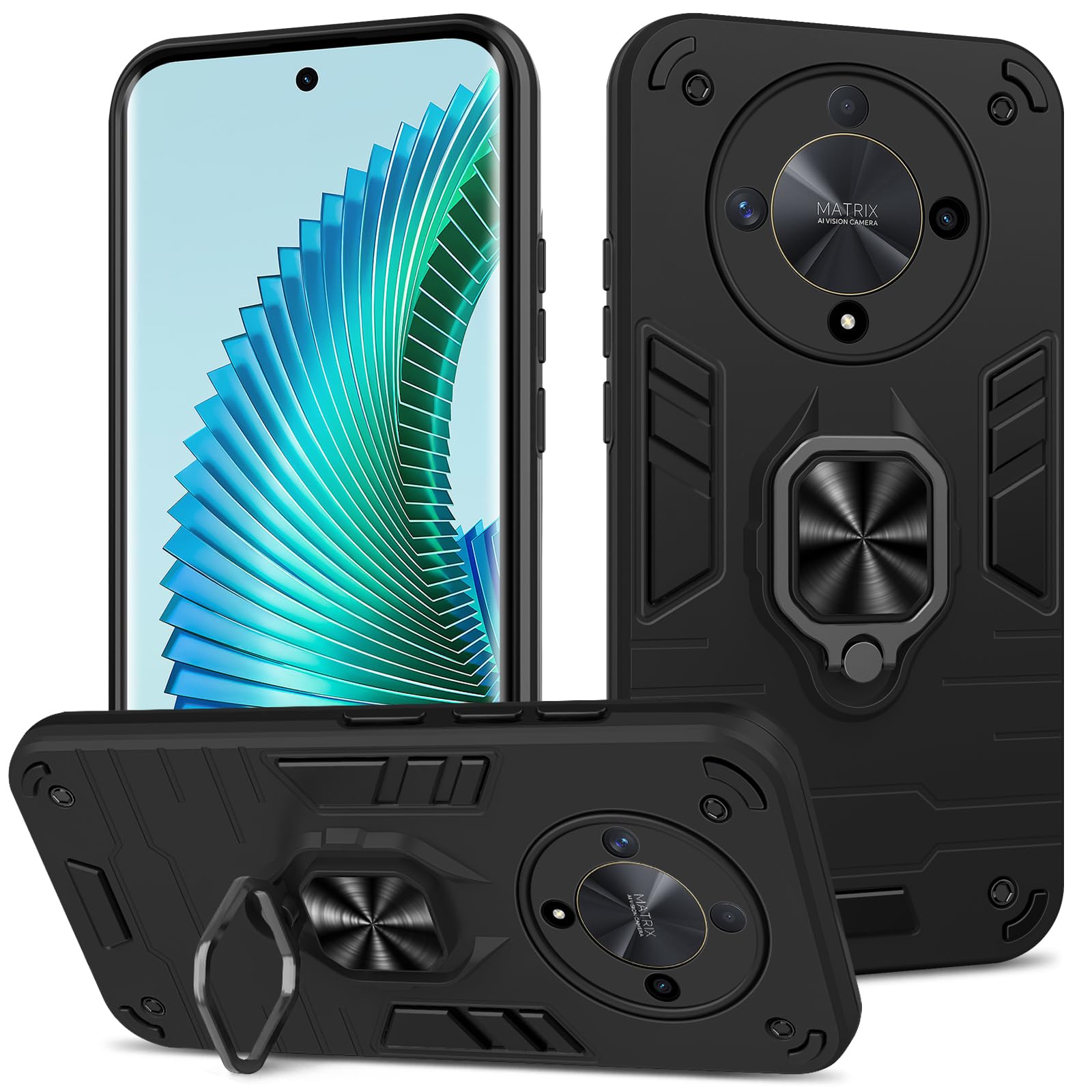 Btstring Hülle kompatibel mit Honor Magic 6 Lite/Honor X9b, Militär Standard Stoßfest Handyhülle Case Hybrid Metall Ring Halter Schutzhülle Handy Hüllen Cover -Schwarz