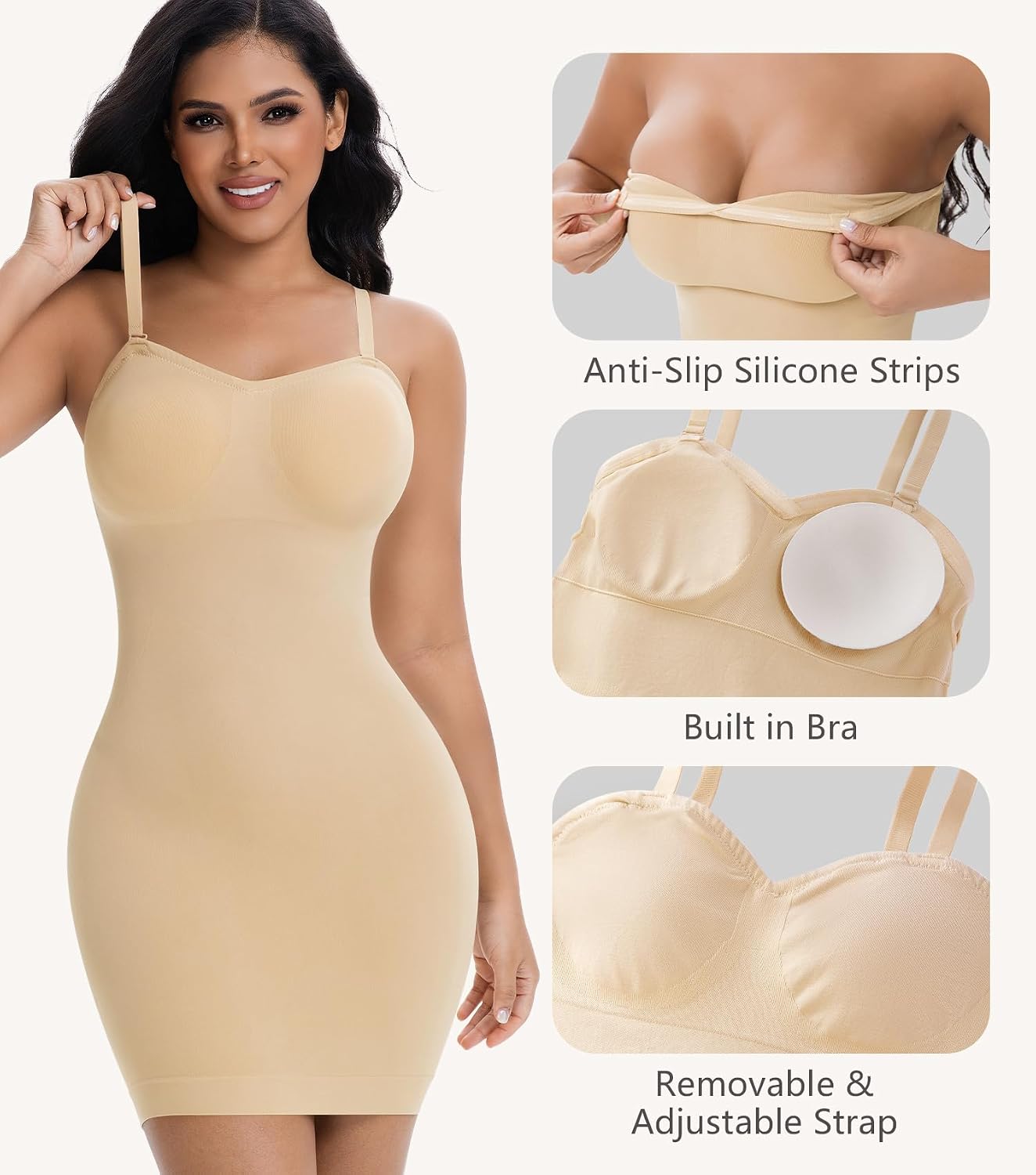 ONEW Strapless Shapewear Dress with Built in Bra,Tummy Control Slip Dress for Under Dresses,Seamless Body Shaper for Women