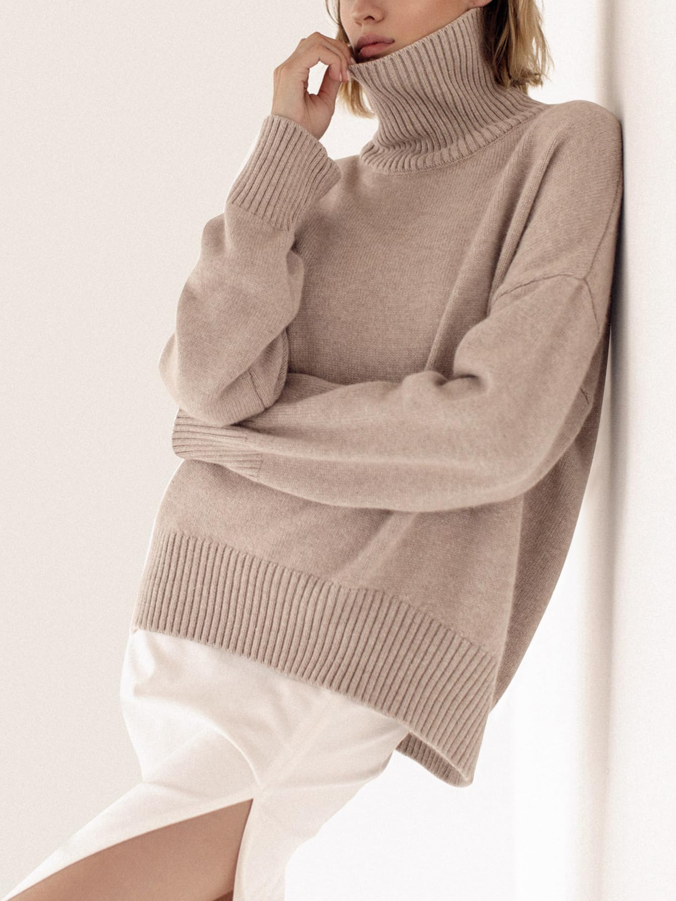 YKR Maglione da donna a collo alto grosso a maniche lunghe lavorato a maglia con orlo basso alla moda 2025 autunno inverno maglione basic