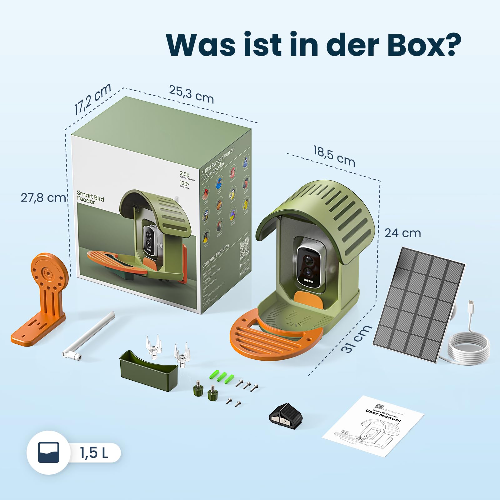 Vogelhaus mit Kamera, 2,5K UHD, solarbetrieben, präzise KI-Erkennung, sofortige Benachrichtigungen, wasserdicht nach IP66 für den Außenbereich, grün