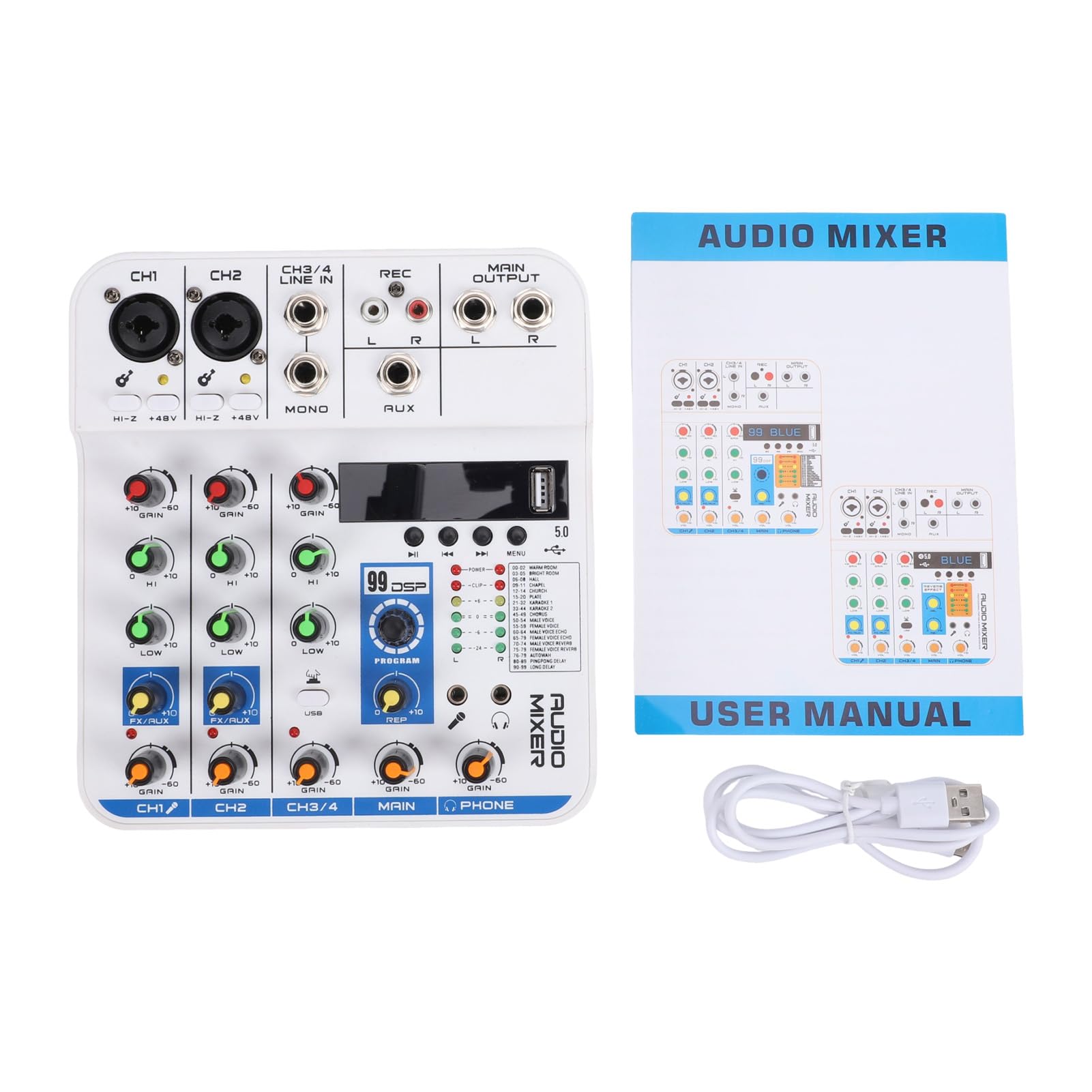 Asixxsix 4-kanałowy Mikser Audio, Cyfrowy Pogłos Bluetooth DSP, Płyta Dźwiękowa Miksera DJ z Wejściem USB MP3 XLR 6,35 Mm, 3,5 Mm i Zasilaniem Phantom 48 V, Płytka Miksera Dźwięku (WHITE)