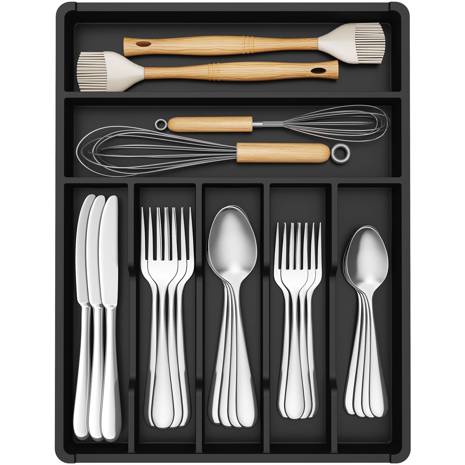 LifewitCutlery Drawer Organiser,Plastic Cutlery Tray for Kitchen, Small Flatware Silverware Knife & Fork Organiser for Deeper Drawer, Kitchen Countertops Tableware Holder,7 Compartment, BlackRecycled Claim Standard 100