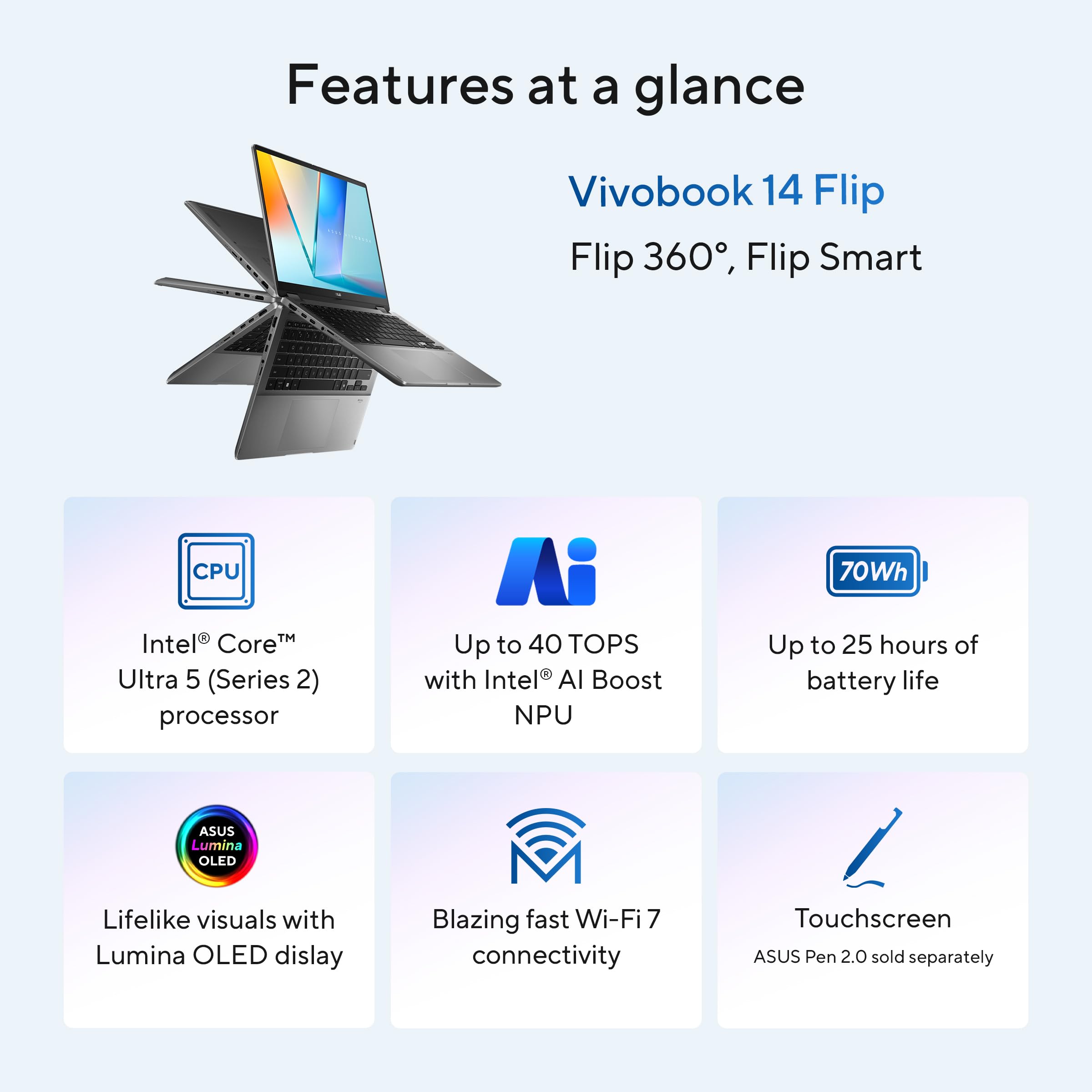 ASUS Vivobook 14 Flip Laptop Copilot+ PC, 14" OLED WUXGA 60Hz Touch Display, Intel® Core™ Ultra 5 226V, grafica Intel® Arc™, 16 GB di memoria, 512 GB di archiviazione, Windows 11, grigio opaco