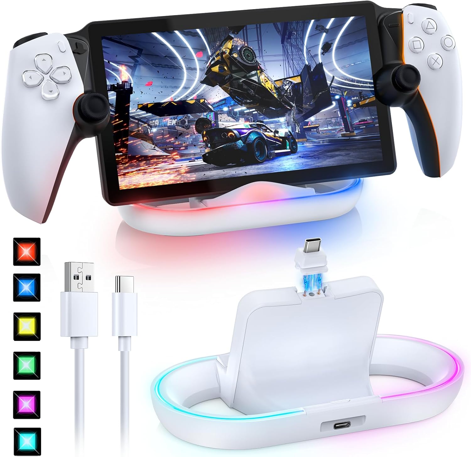 Charging Stand for PS Portal, RGB Portable Charge Dock Station Compatible with Protective Cover, Charge Holder with Indicator Light and USB-C Cable for Playstation 5 Portal Accessories