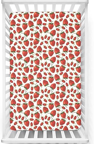 Sábana bajera ajustable para cuna con temática de fresa, sábana bajera estándar para cuna, suave y transpirable, ideal para habitación de niños o