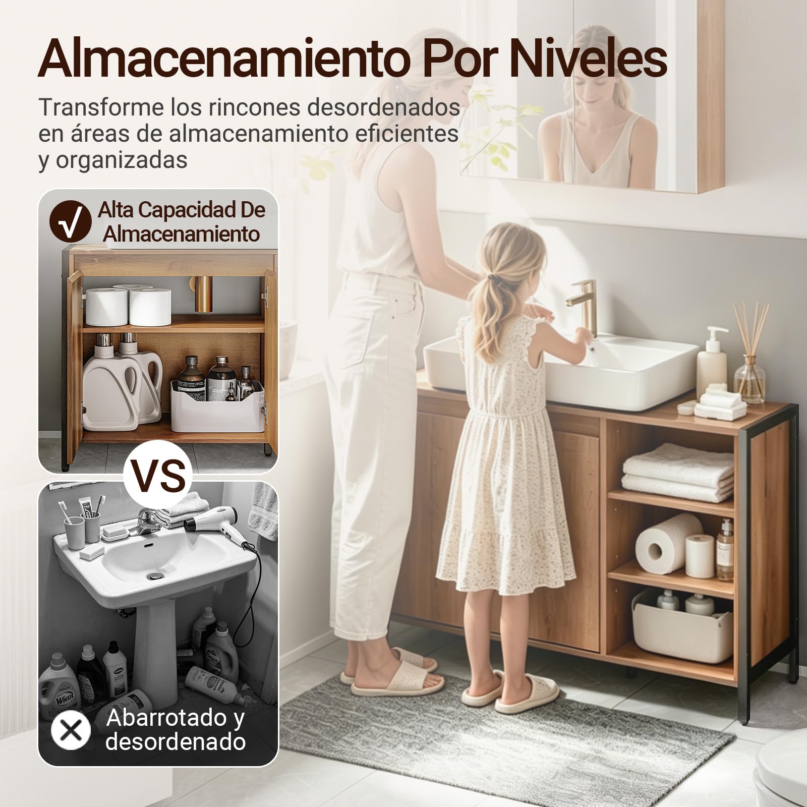 SoBuy Mueble Bajo Lavabo 90cm con Corte para Sifón para Baño | Muebles para Lavabo con Puertas y Estantes Abiertos, Armario Baño Auxiliar Estilo Industrial Madera y Metal BZR63-L-PF