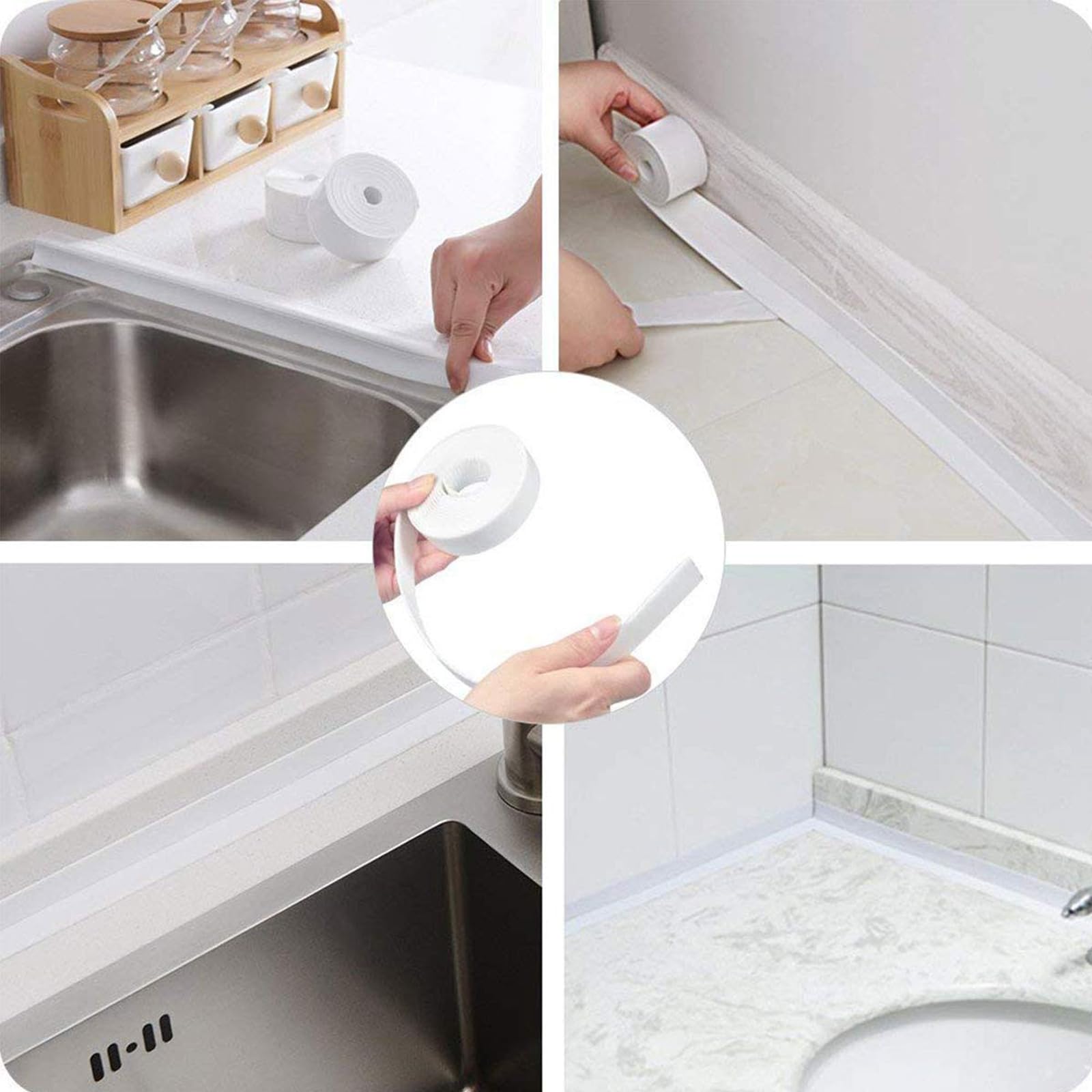 Nastro sigillante autoadesivo Magic Caulk Tape PVC per bagno, doccia, impermeabile, nastro adesivo per fughe da cucina, vasca da bagno, 2 rotoli di colore bianco, 38 mm x 3,2 m